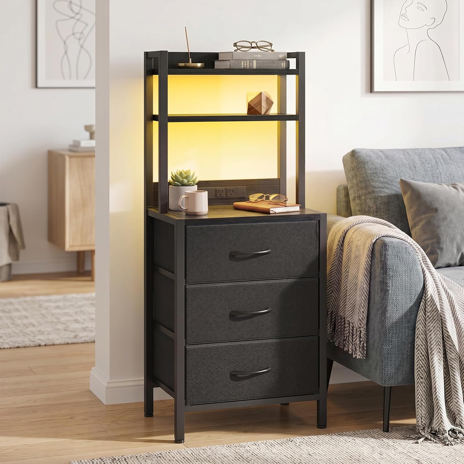 41 Inch Tall Nightstand with Charging Station, 3 Fabric Drawers, LED Lights & Open Shelves, Black - Image 2 41 Inch Tall Nightstand with Charging Station, 3 Fabric Drawers, LED Lights & Open Shelves, Black - Image 2