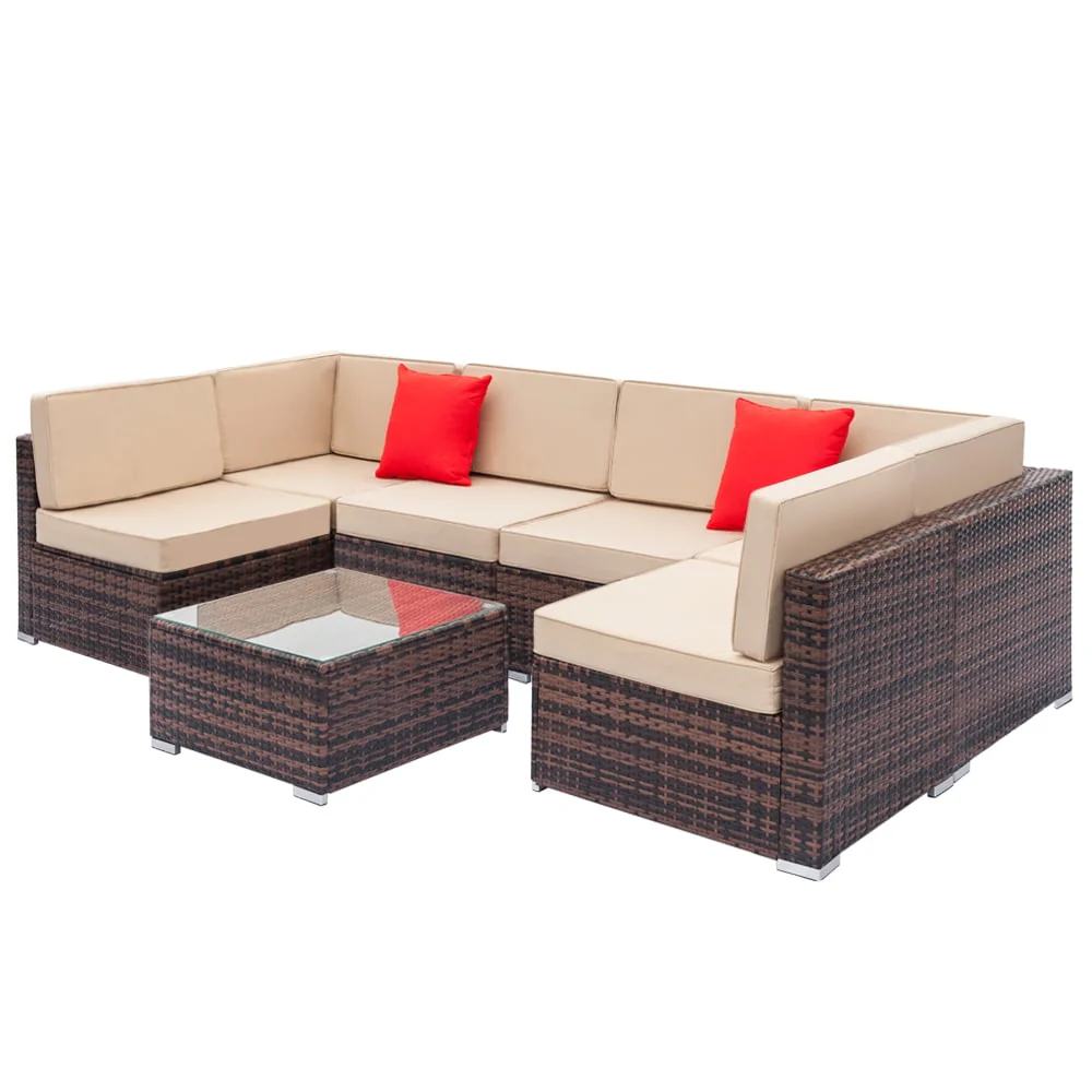 Wicker Patio Sofa Sets, 7 Pieces Outdoor Seating Sets, Lounge Sofa and Tempered Glass Coffee Table, Deck Front Garden Furniture Set, Brown Rattan + Beige Cushion - Image 3