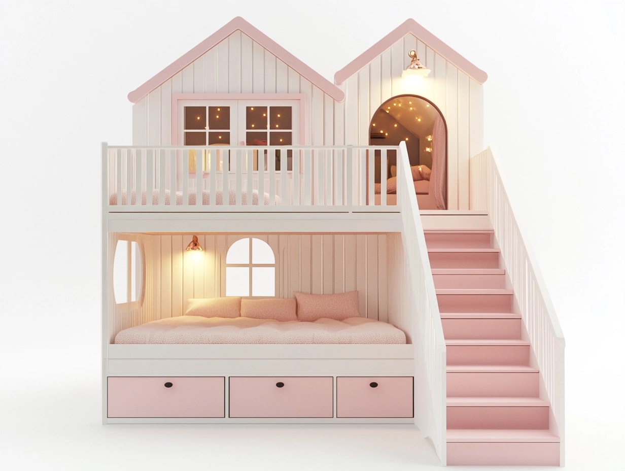 Litera infantil tipo casa con escalera de madera para dormitorio rosa 220x160x120 cm diseño divertido y almacenamiento qk4034827