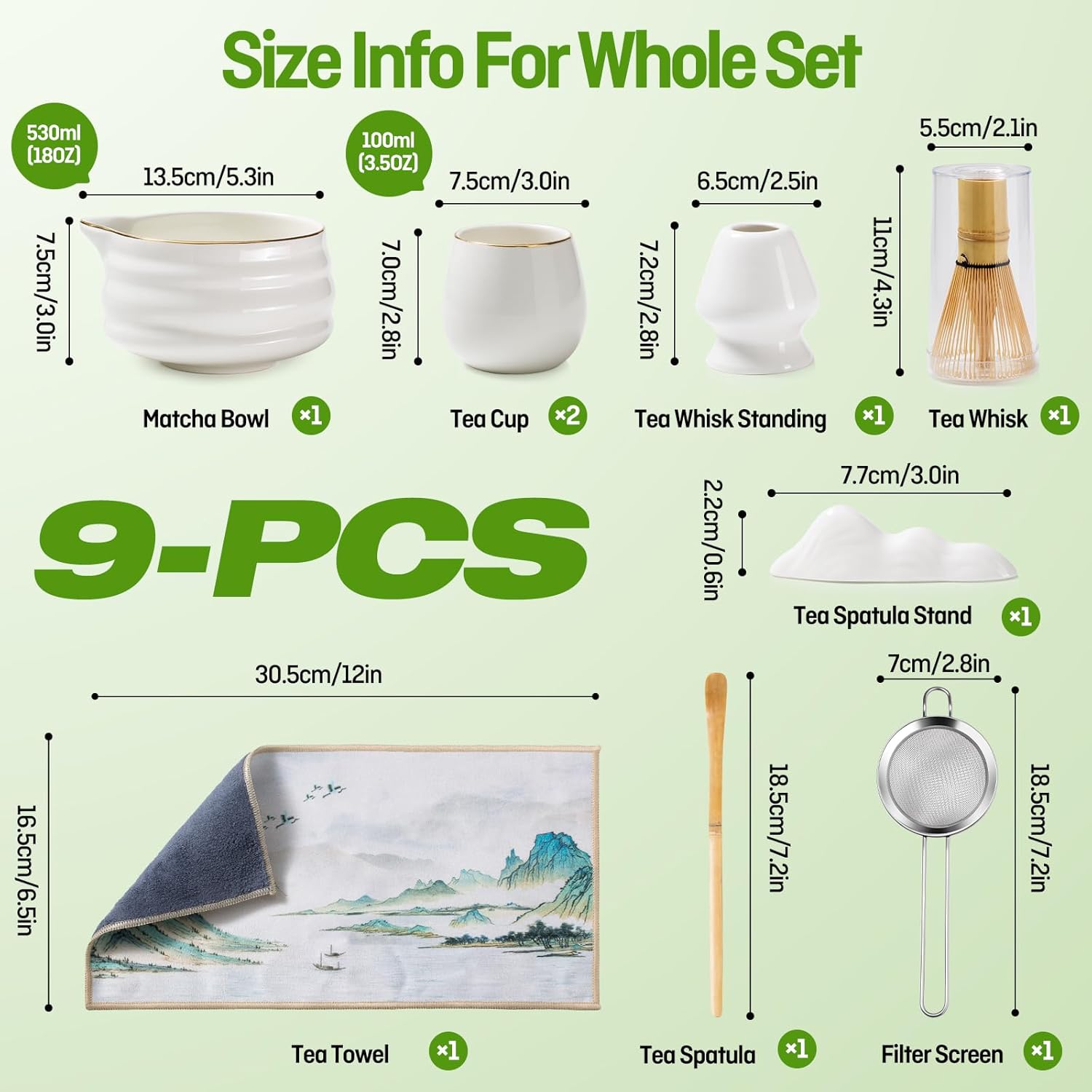 9-Piece Japanese Matcha Set, 18oz Ceramic Bowl with 2 Gold-Inlaid Cups, Handcrafted Bamboo Whisk, Sifter & Whisk Holder, Authentic Matcha Tea Making Kit for Beginners & Tea Lovers, Gift Box (White)