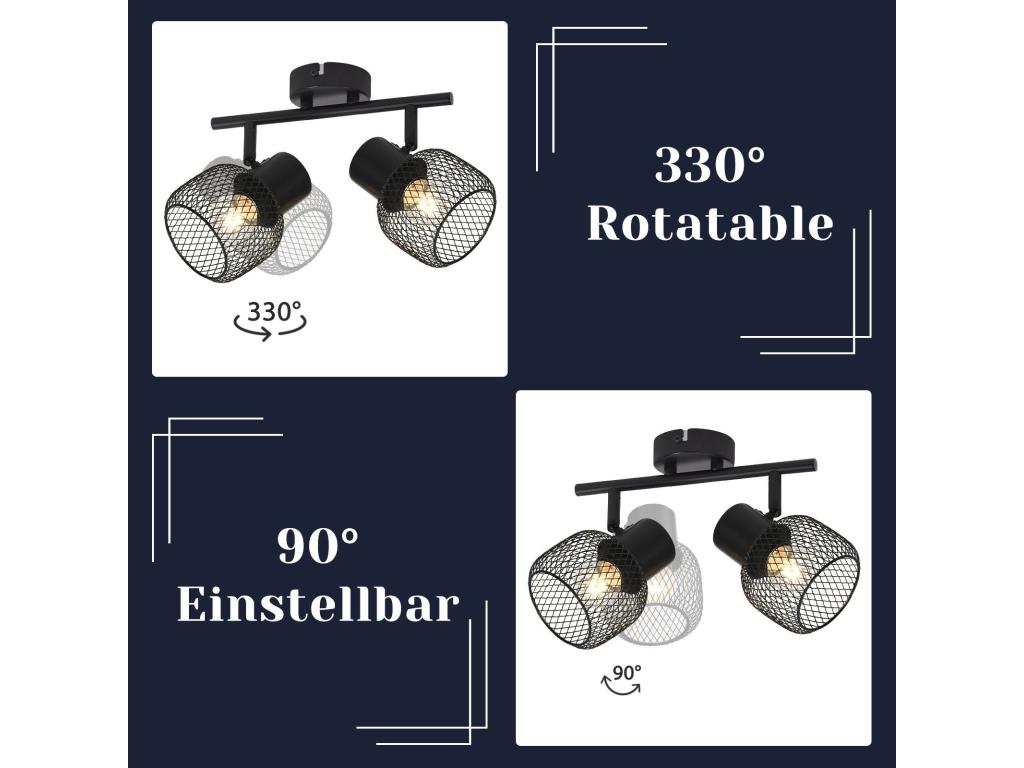 Laocacasas Lámpara de techo Vintage, reflector de techo con 2 llamas - Lámpara de techo de metal negro, LED giratorio 330°, reflector interior para lámpara de pared, para salón, pasillo, dormitorio, cocina, E27, Máx.25W, sin fuente de luz.