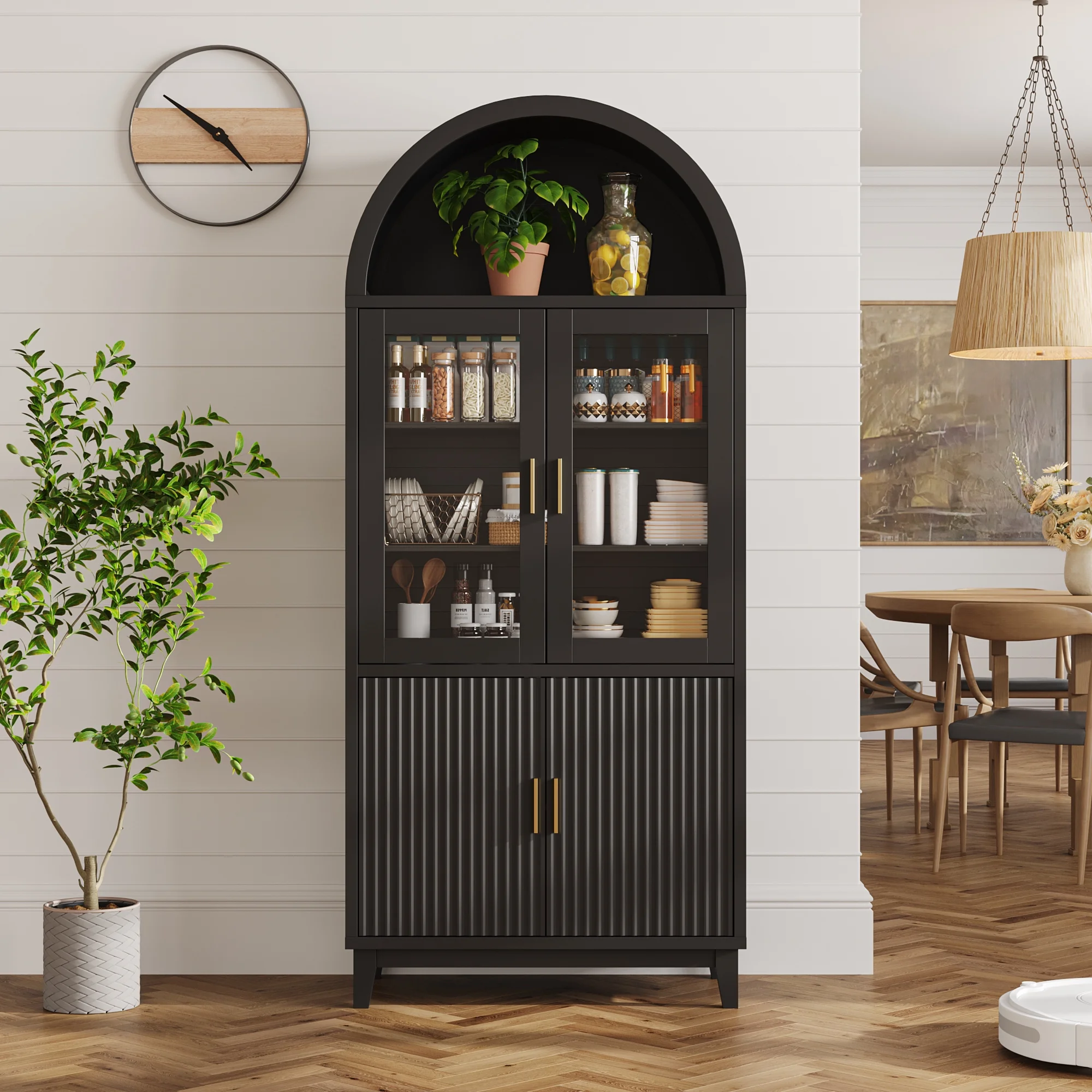 VEANERWOOD 71" Tall Arch Cabinet, Wood Fluted Kitchen Kitchen Storage Cabinet with 4 Doors and 6 Shelves for Dining Room Living Room - Image 2