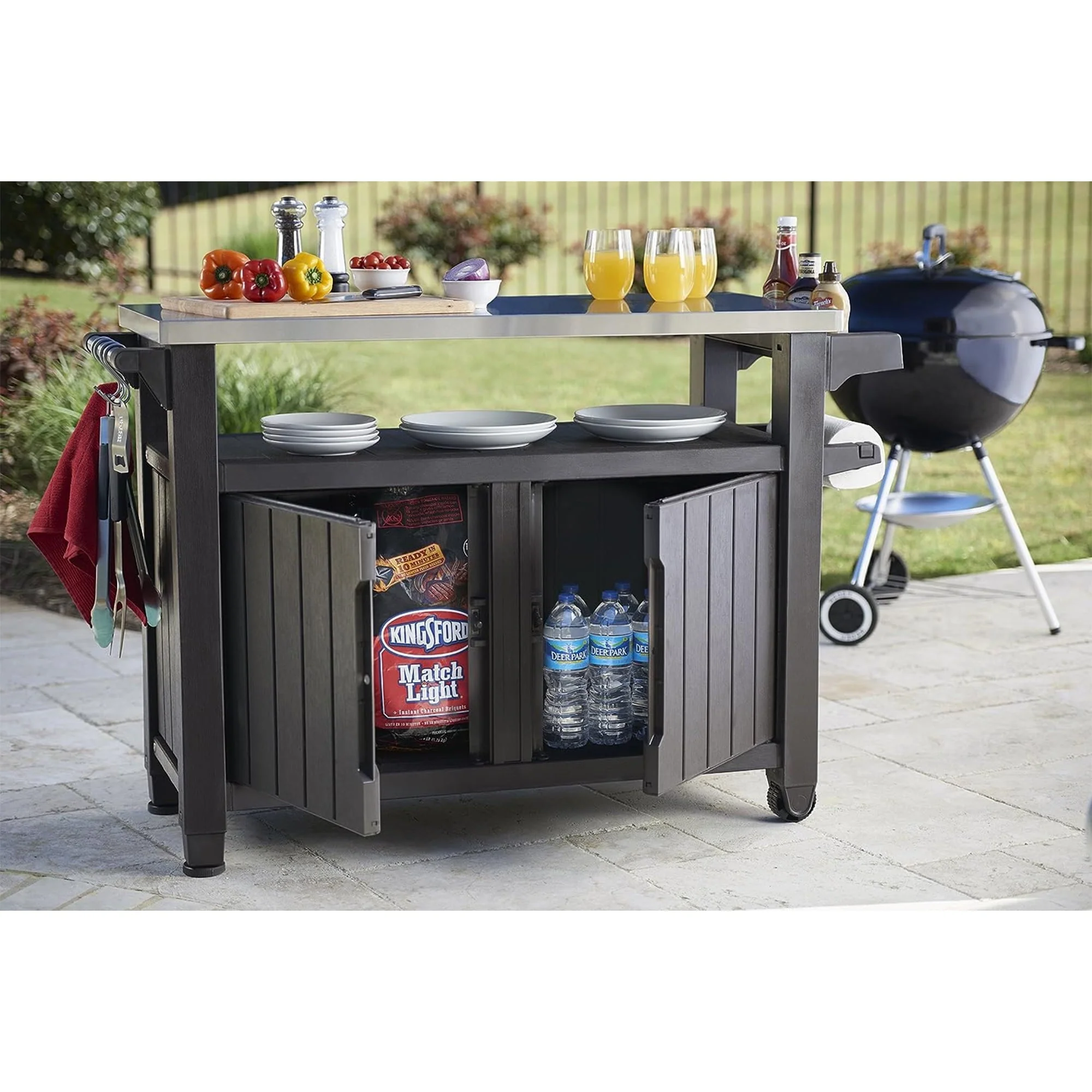 Keter Unity XL Outdoor Kitchen Bar Rolling Cart with Storage Cabinet, Brown - Image 10
