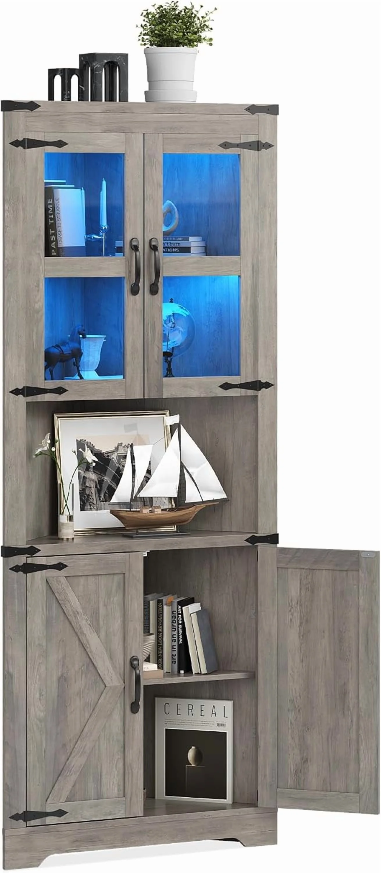 67" Tall Corner Storage Cabinet with Lights, Farmhouse Corner Hutch Display Cabinet with Glass Doors, Wooden Storage Organizer for Kitchen, Living Room, Bathroom, Washed Grey - Image 5