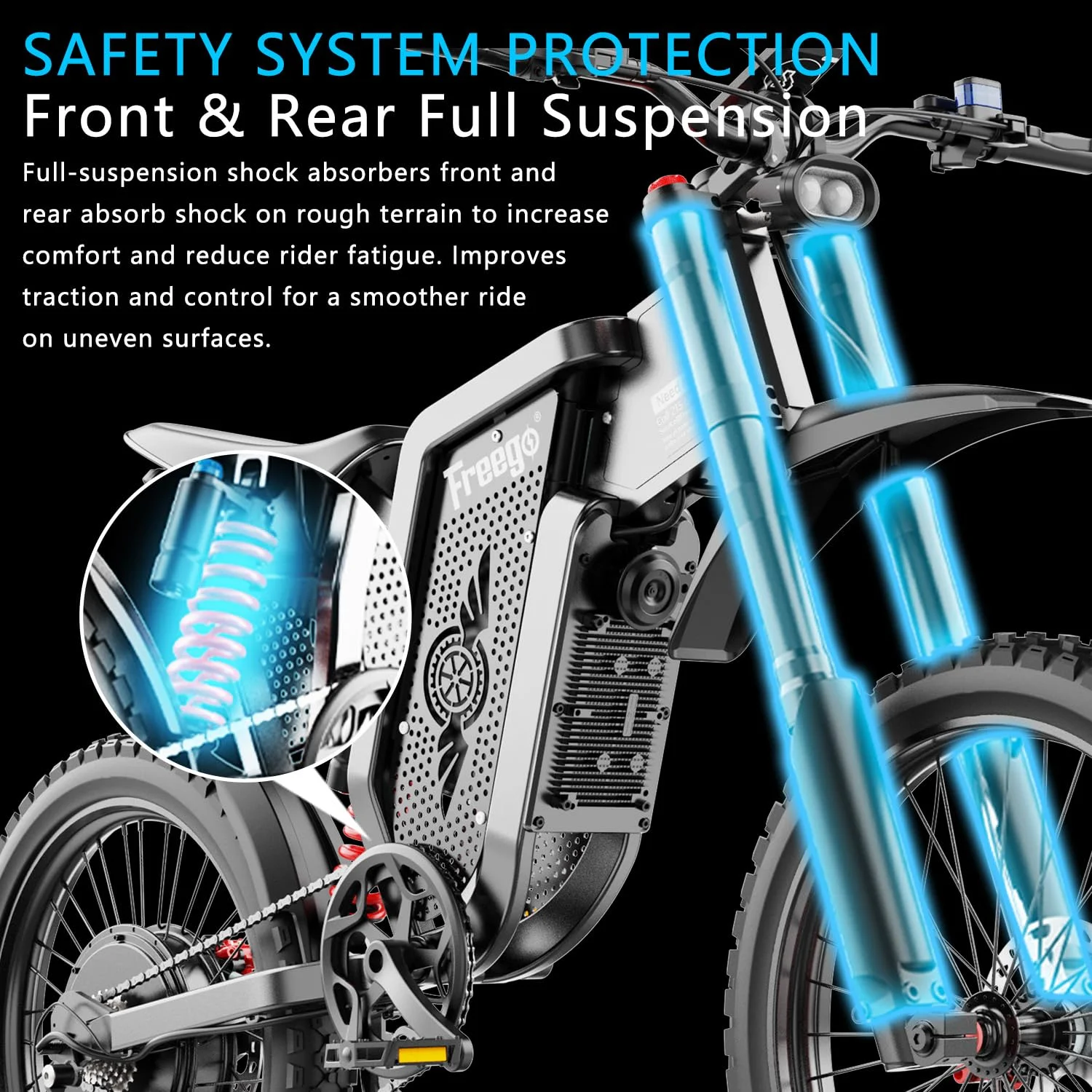 50MPH Electric Dirt Bicycle Freego X2 Pro,6000W(Peak)Motor Electric Motorcycle, Electric Bike for Adults, 60V30AH Battery, 19x2 Tire Full Suspension Hydraulic Brake Half Throttle UL2849 - Image 13