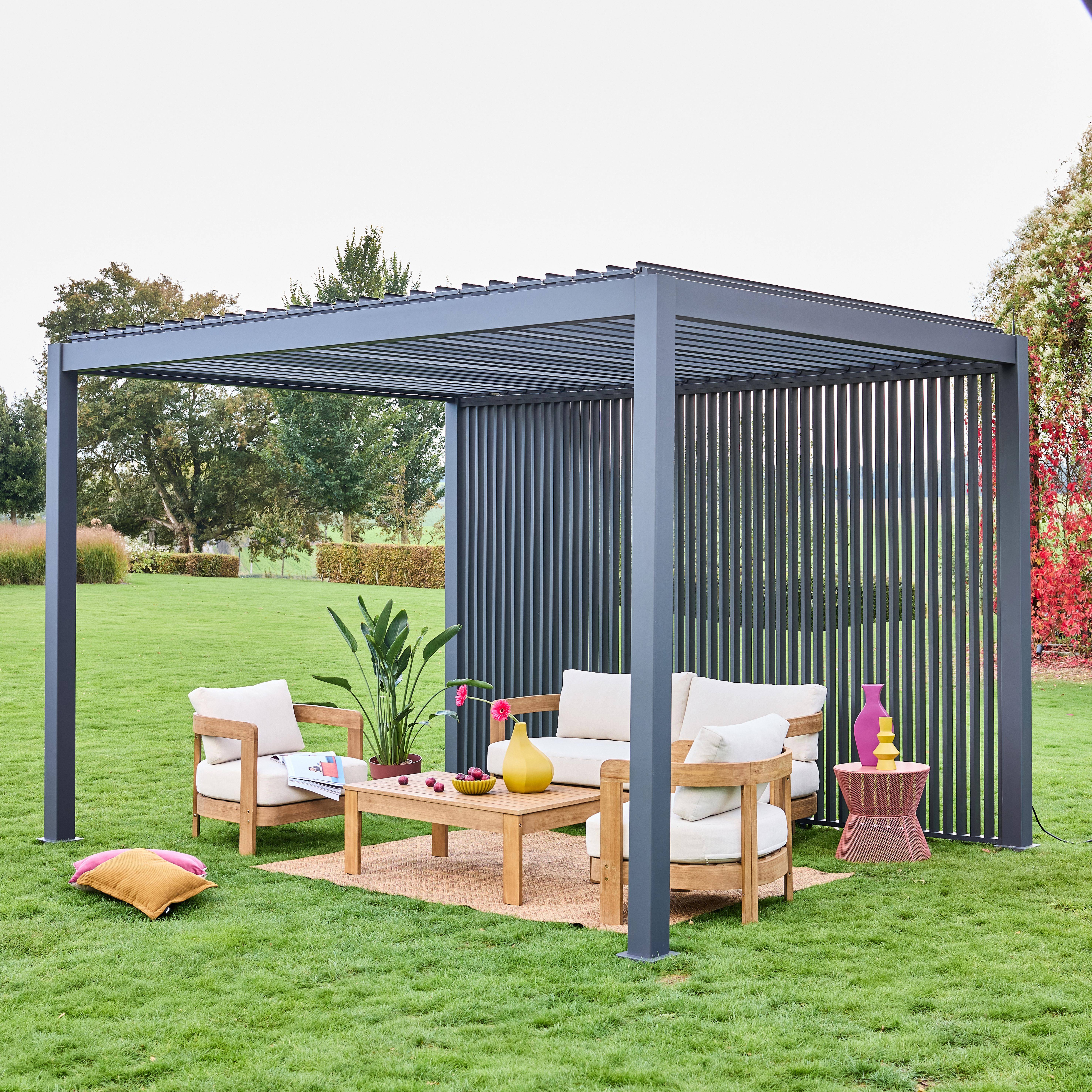 Triomphe 3x4m + accesorios - Pérgola bioclimática de aluminio 3x4m + 3 persianas verticales 1.3m
