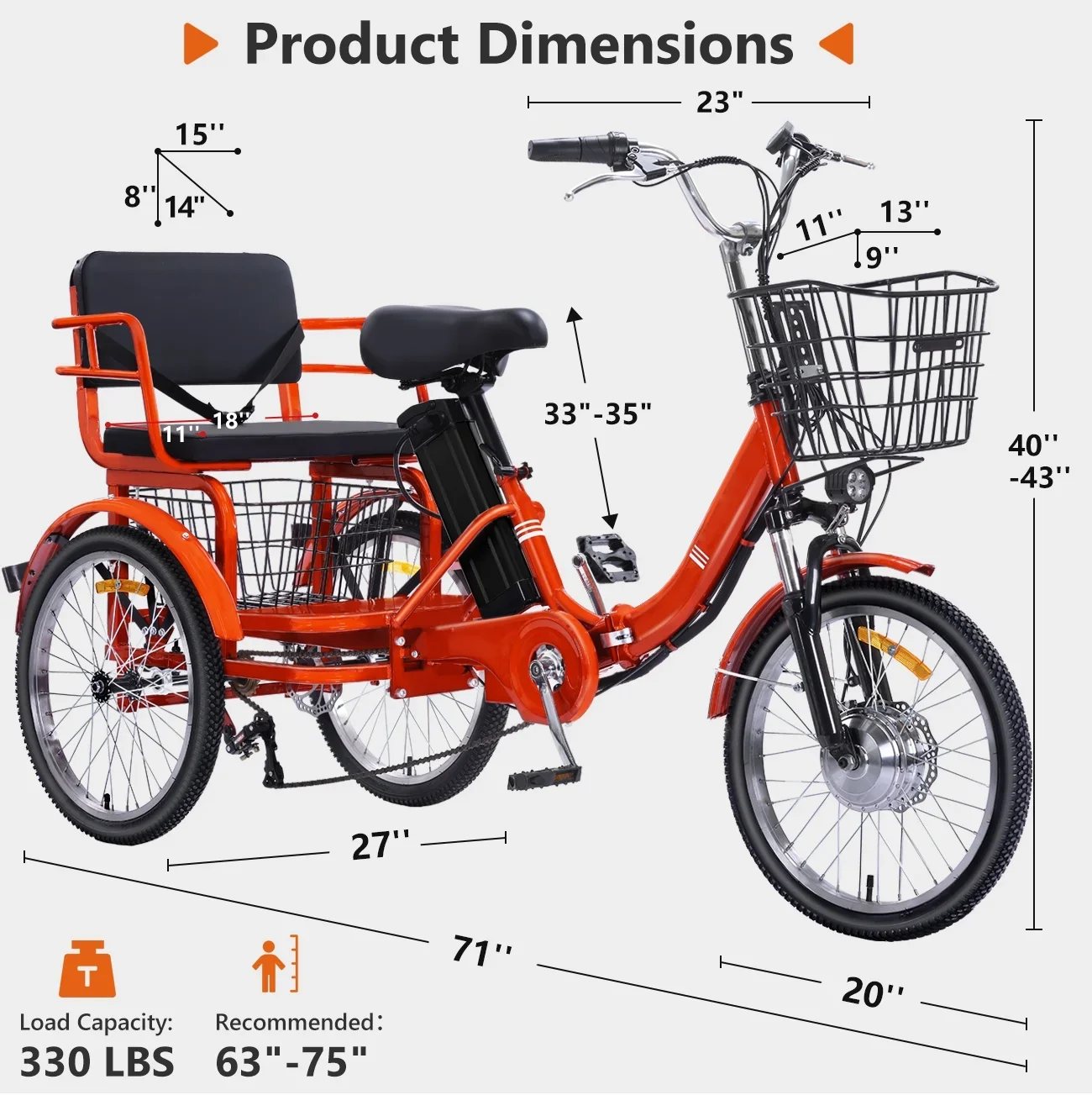 NOMIGO Electric Tricycle for Adults Folding Electric Trike 3 Wheel Electric Trike with Two-seater Large Basket Super Powerful Brushless 350W Motor 48V13AH Lithium Battery Max 20MPH E-Tricycle Orange