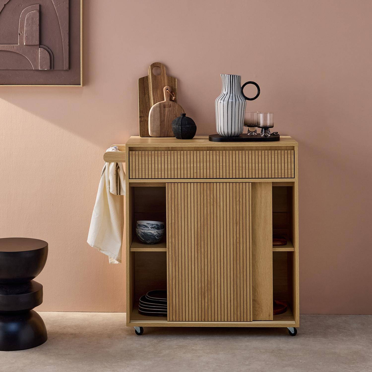 Linear - Carro de cocina de madera con 1 tirador y 1 cajón 2 puertas