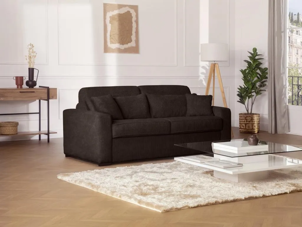 Sofá cama de 3 plazas de apertura rápida de terciopelo marrón – Cama de 140 cm – Colchón de 14 cm – Decocasaes azob74426