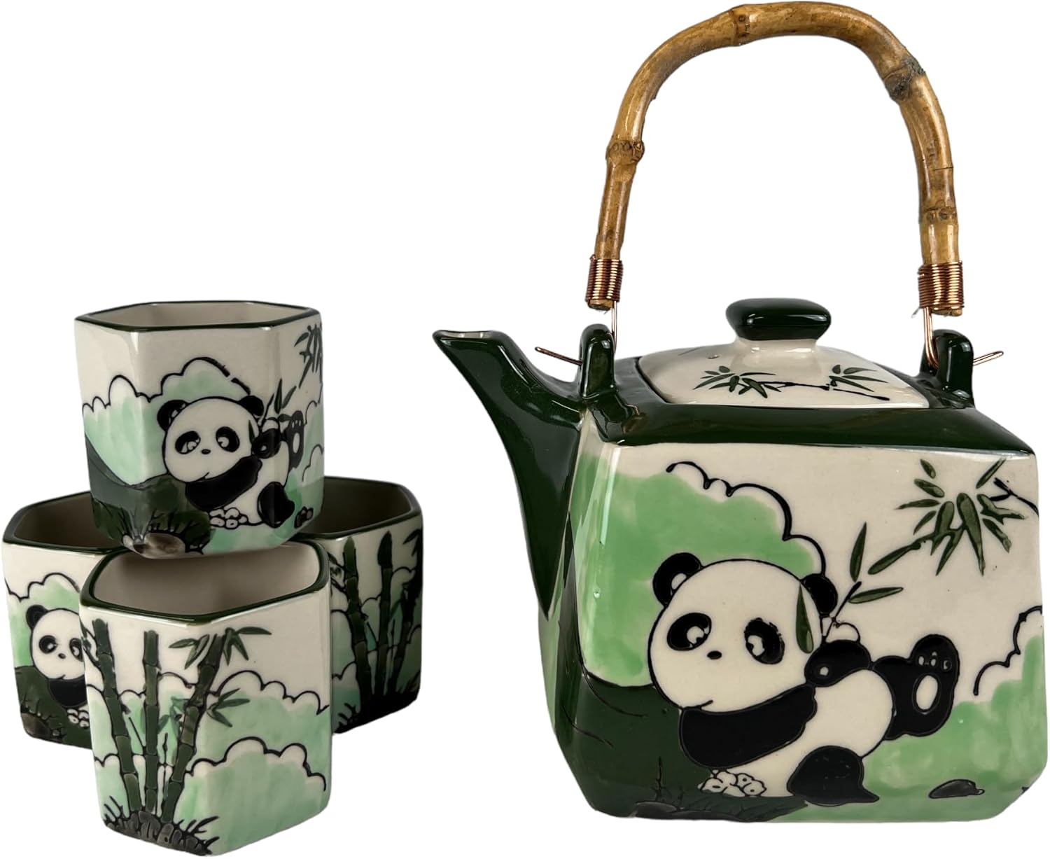 Porcelain Tea Set Teapot with Strainer Square Shape With Wooden Handle and 4 Hexagon Tea Cups Handpainted Playful Panda Design Tea Set Japanese Style