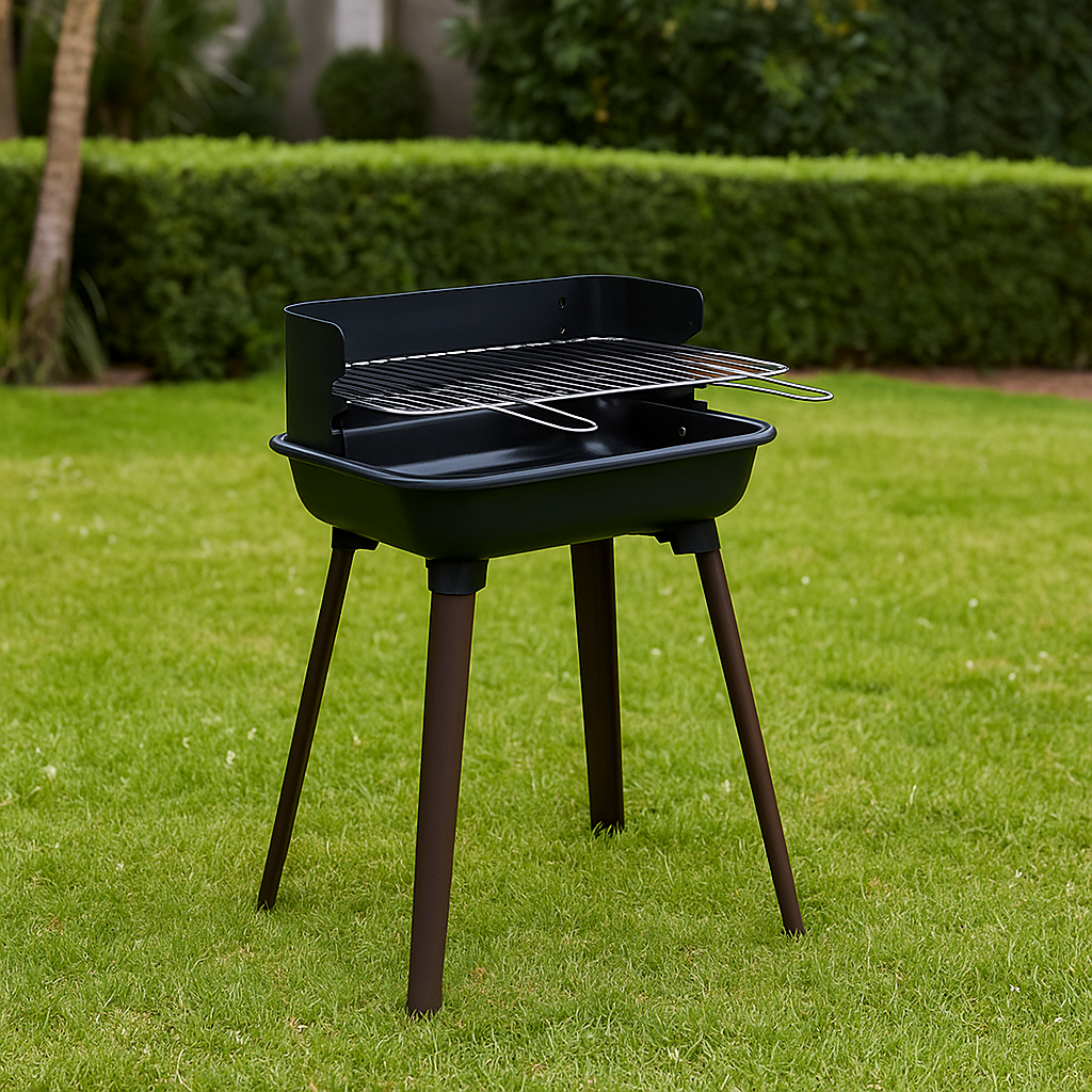Parrilla de barbacoa, portátil de carbón con rejilla elevada, color negro con patas marrones