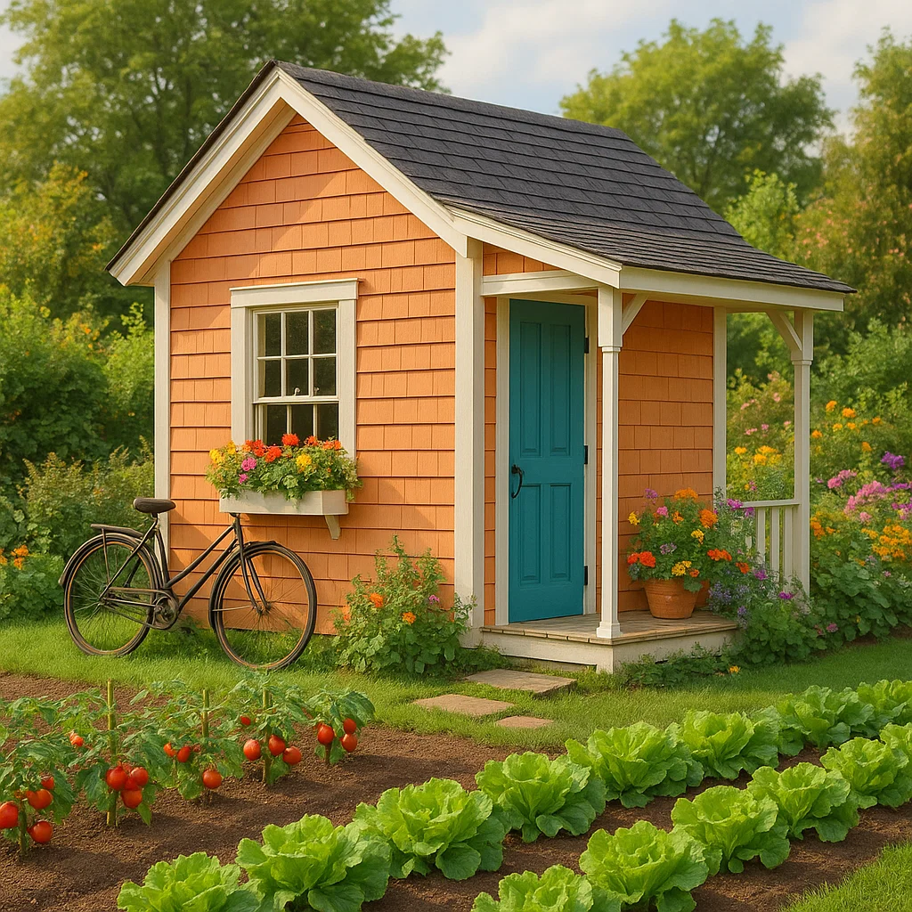 Caseta de jardín caseta de almacenamiento color naranja y azul de madera para exterior 220x260x230 cm mdFvMUT209Sd