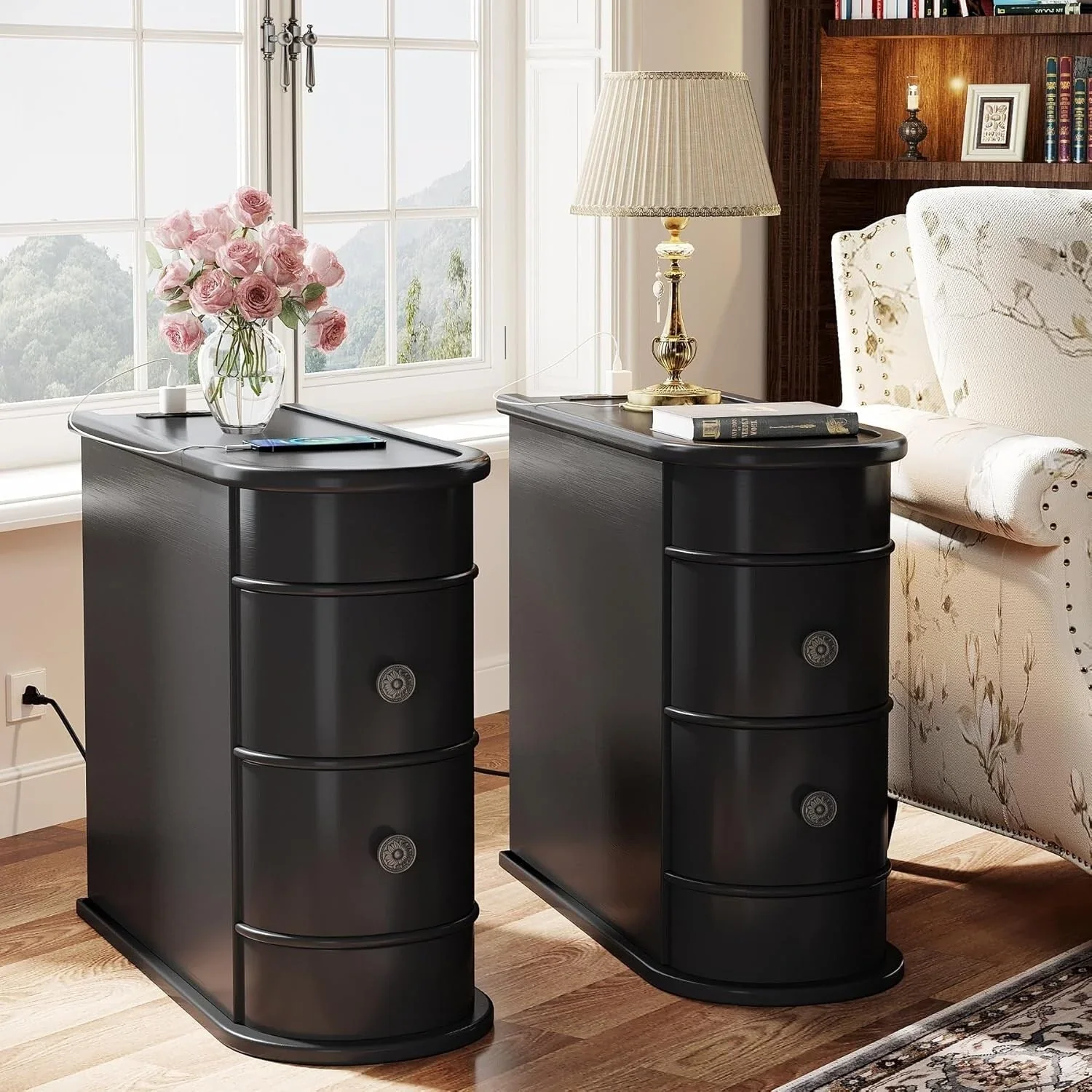 Solid Wood Chairside End Table, Two-Drawer Narrow Side Table Slim