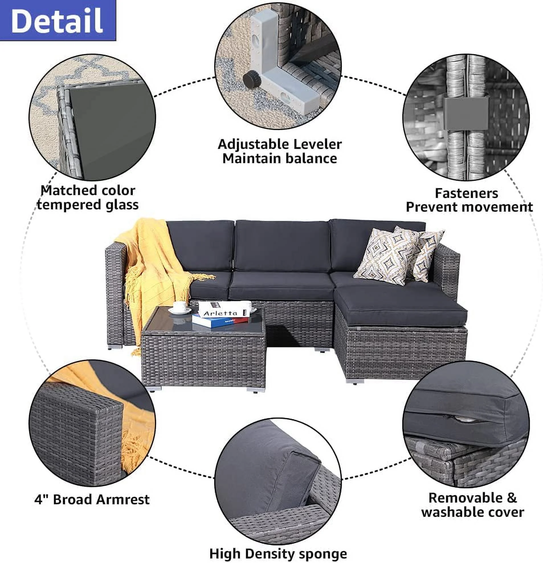 Patiorama 5-Piece Patio Furniture Set, Outdoor Sectional Conversation Set, All-Weather Grey PE Wicker with Light Grey Cushions, Backyard Porch Garden - Image 18