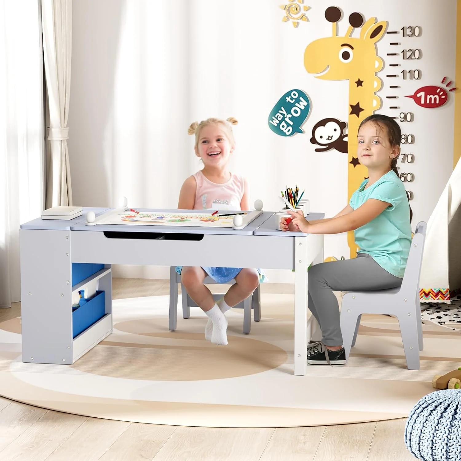 LAZY BUDDY Kids Art Table and 2 Chairs Set, 2 in 1 Easel & Toddler Craft Table and Chairs Set with Storage Bins, Paint Cups and Paper Roll, Activity Table Set for Children 3+ - Image 8