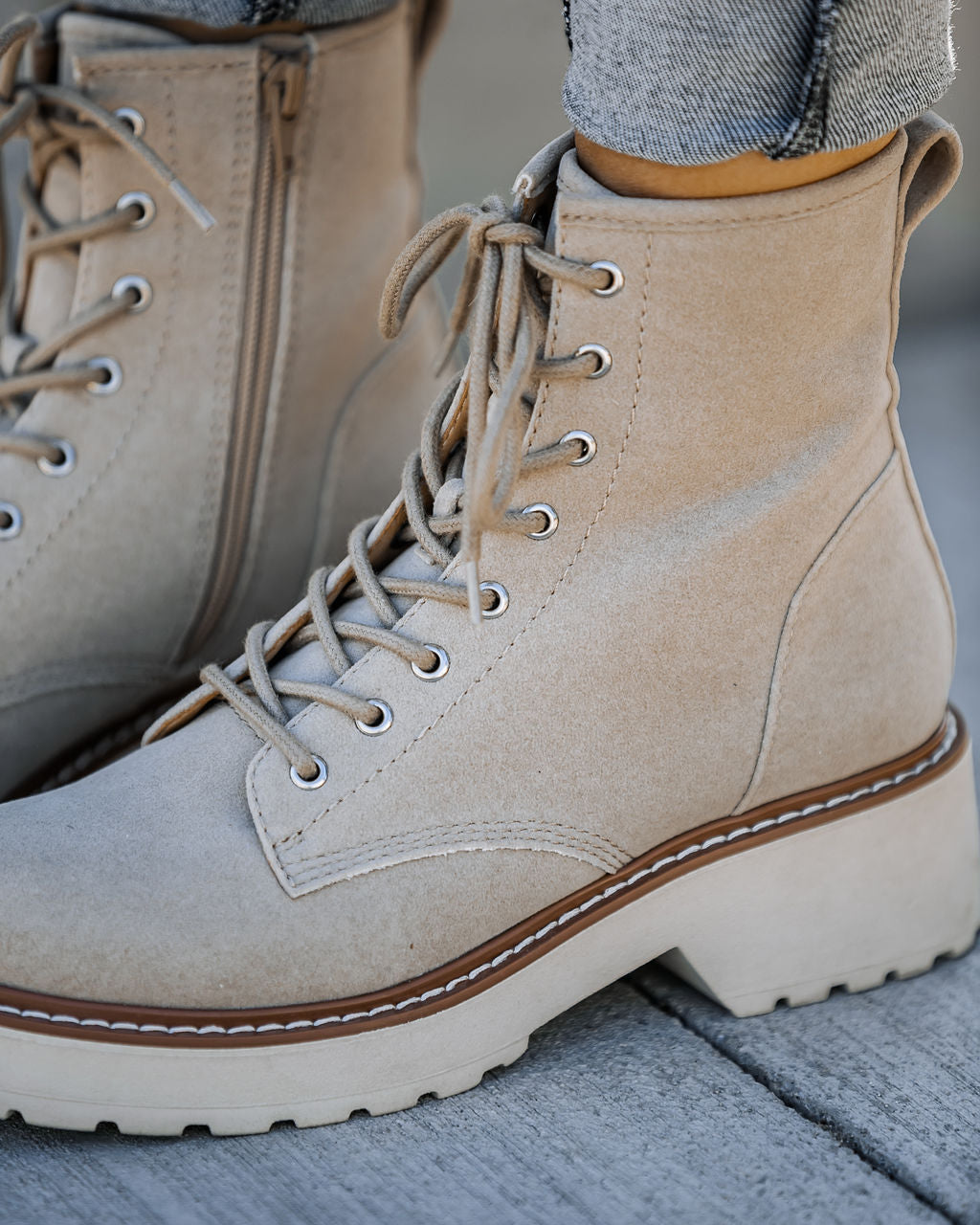 Marissa Faux Suede Lace Up Boot - Beige - Se7enfashion