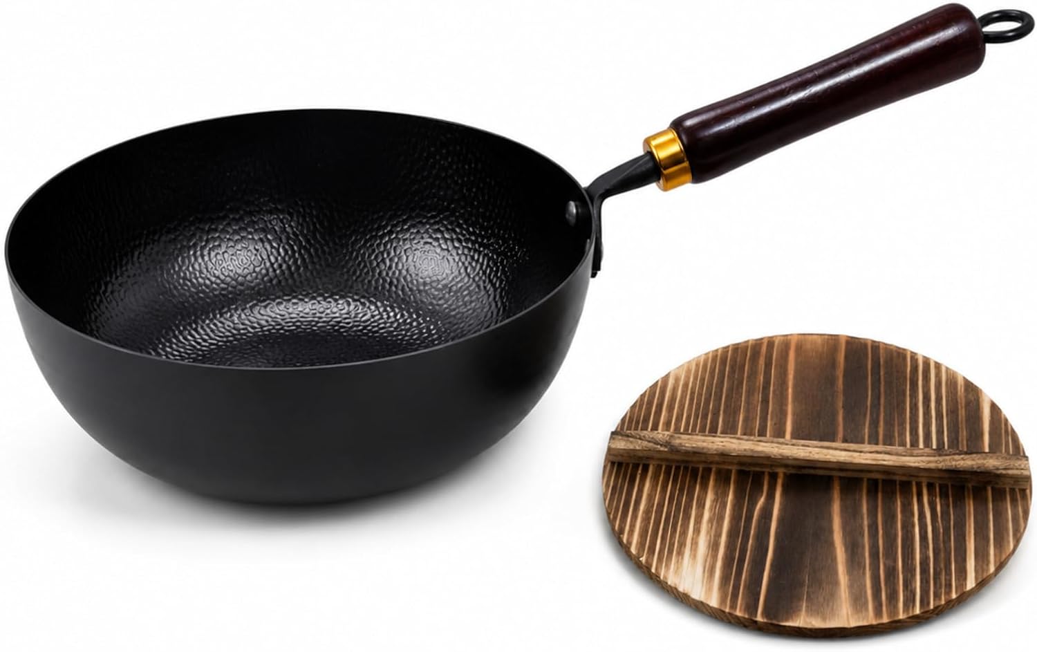 Calmabode Carbon Steel Wok with Lid, 10 Inch Hand Hammered Deep Flat Bottom Wok Pan, Pre-Seasoned Nitrided Stir Fry Pan, Detachable Handle, Oven Safe, All Stovetops, Induction Compatible
