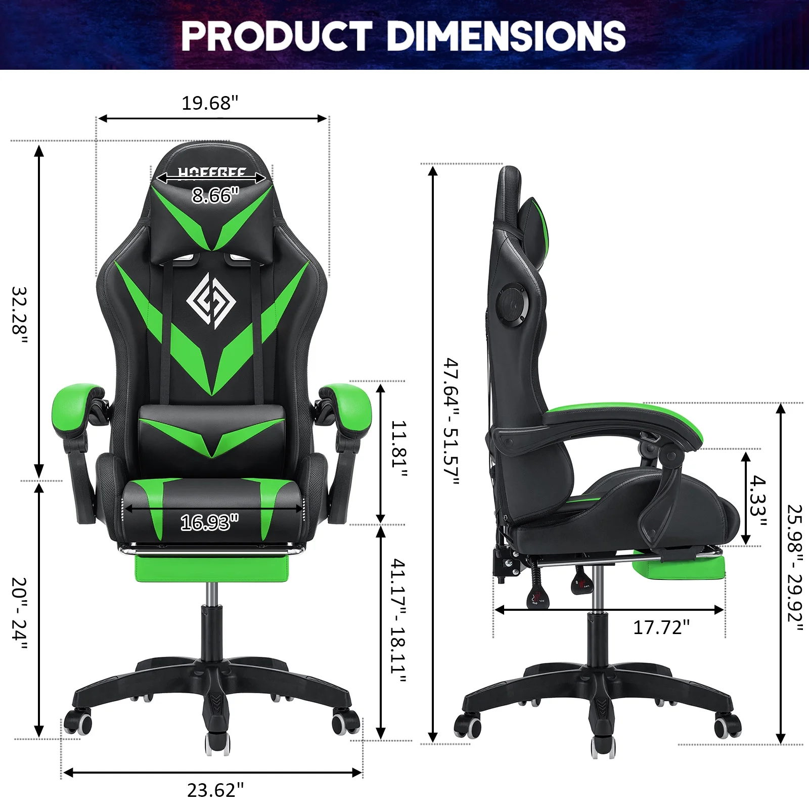 Hoffree Gaming Chair with Speakers PU Leather Office Chair with Footrest and LED Lights Ergonomic Gamer Chair with Massage Lumbar Support and Headrest Adjustable Swivel for Home Office 300lb - Image 40
