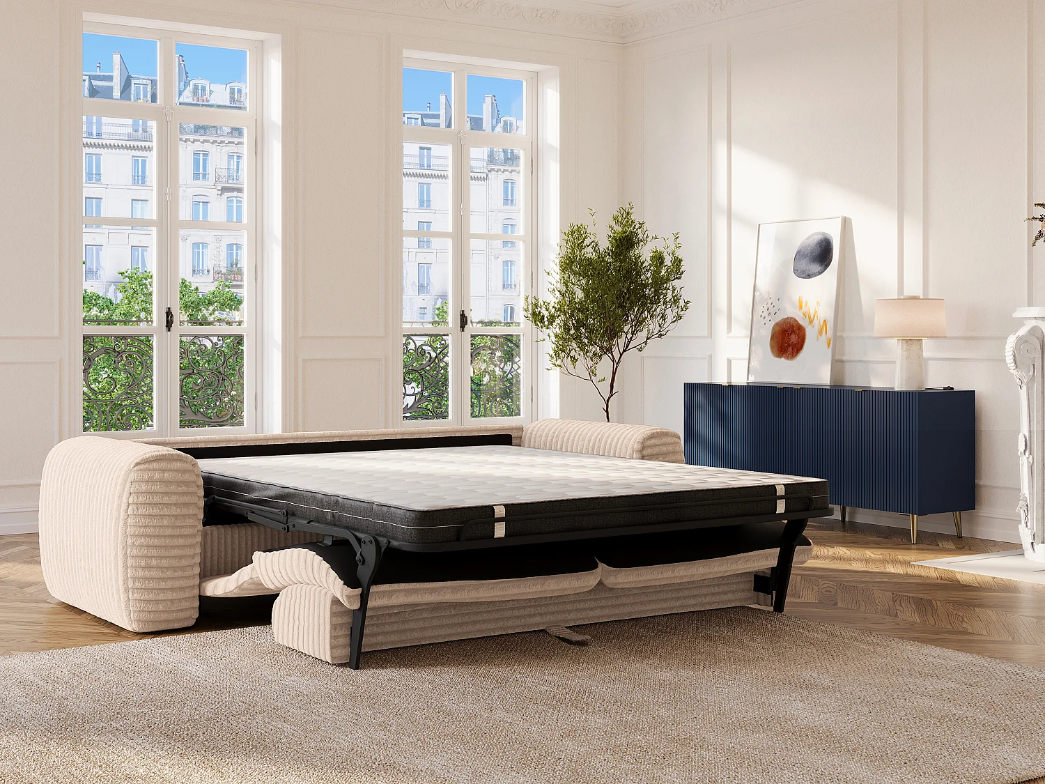 Sofá cama de 4 plazas de pana beige POGNIA