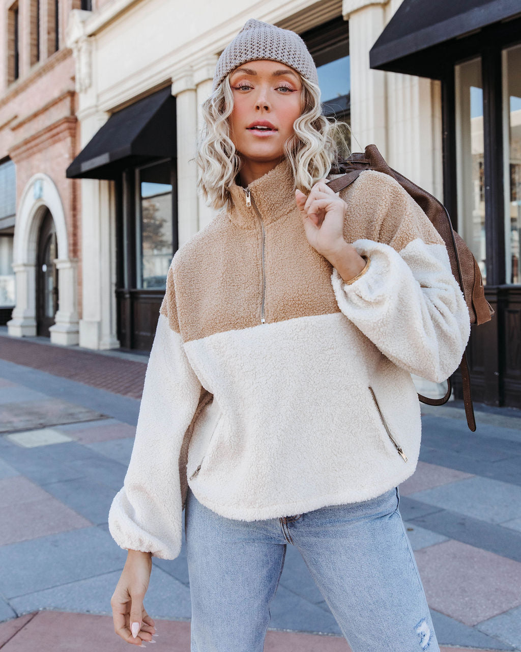 Discovering The World Sherpa Pocketed Half Zip Pullover Sweater - Ivory - Se7enfashion