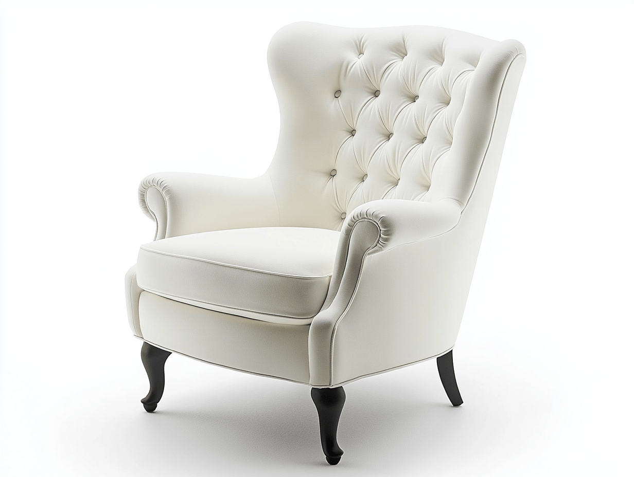 Sillón 80×85×105 cm – tapizado blanco con respaldo capitoné y patas curvas negras – estilo clásico de salón o lectura
