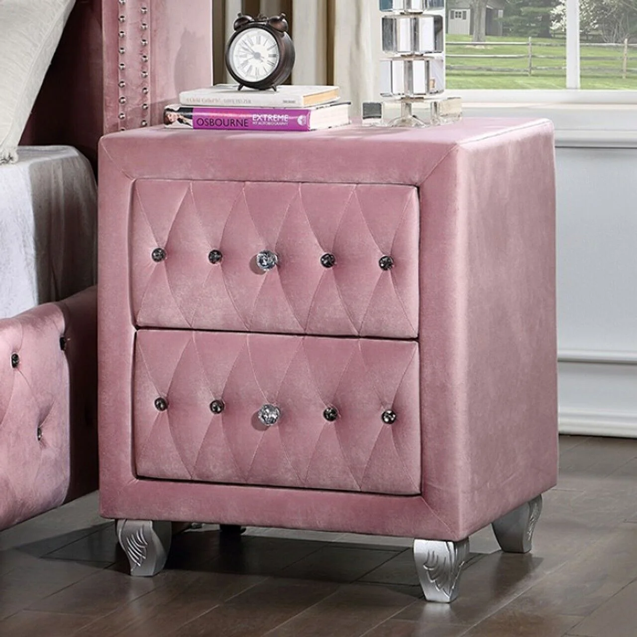 Glam Pink Upholstered Tufted Velvet Like Fabric 4pc Full Size Bed Set Dresser Mirror Nightstand Bedroom Furniture - Image 3