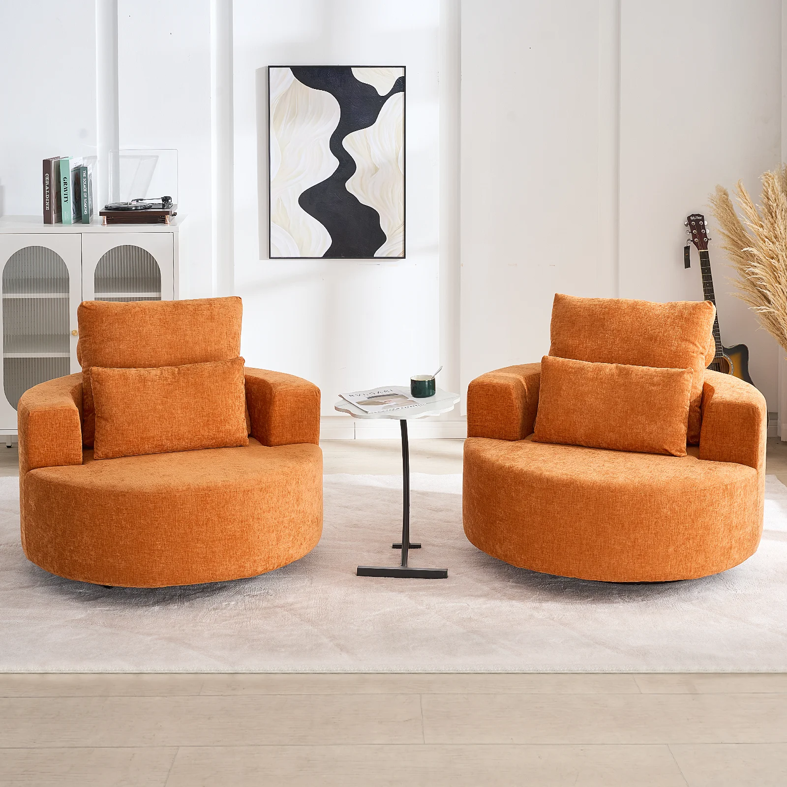 Fumahaus Upholstered Swivel Accent Chair, Oversized Comfy Round Sofa Chair with Two Pillows, Leisure Sofa Chair for Living Room Bedroom, Beige - Image 31