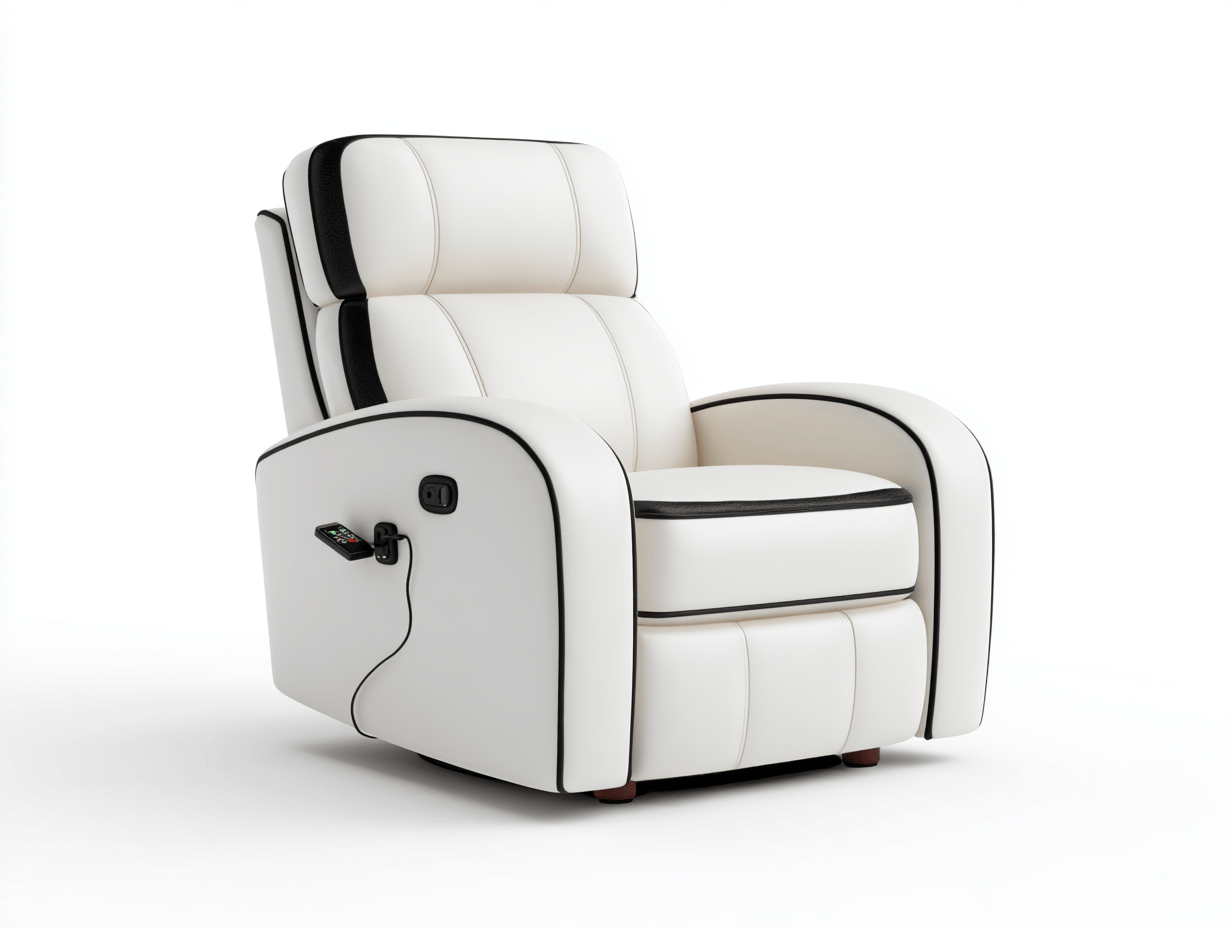 Sillón reclinable de piel sintética blanca con ribete negro 94×92×108 cm – con función de masaje y puerto USB – ergonómico