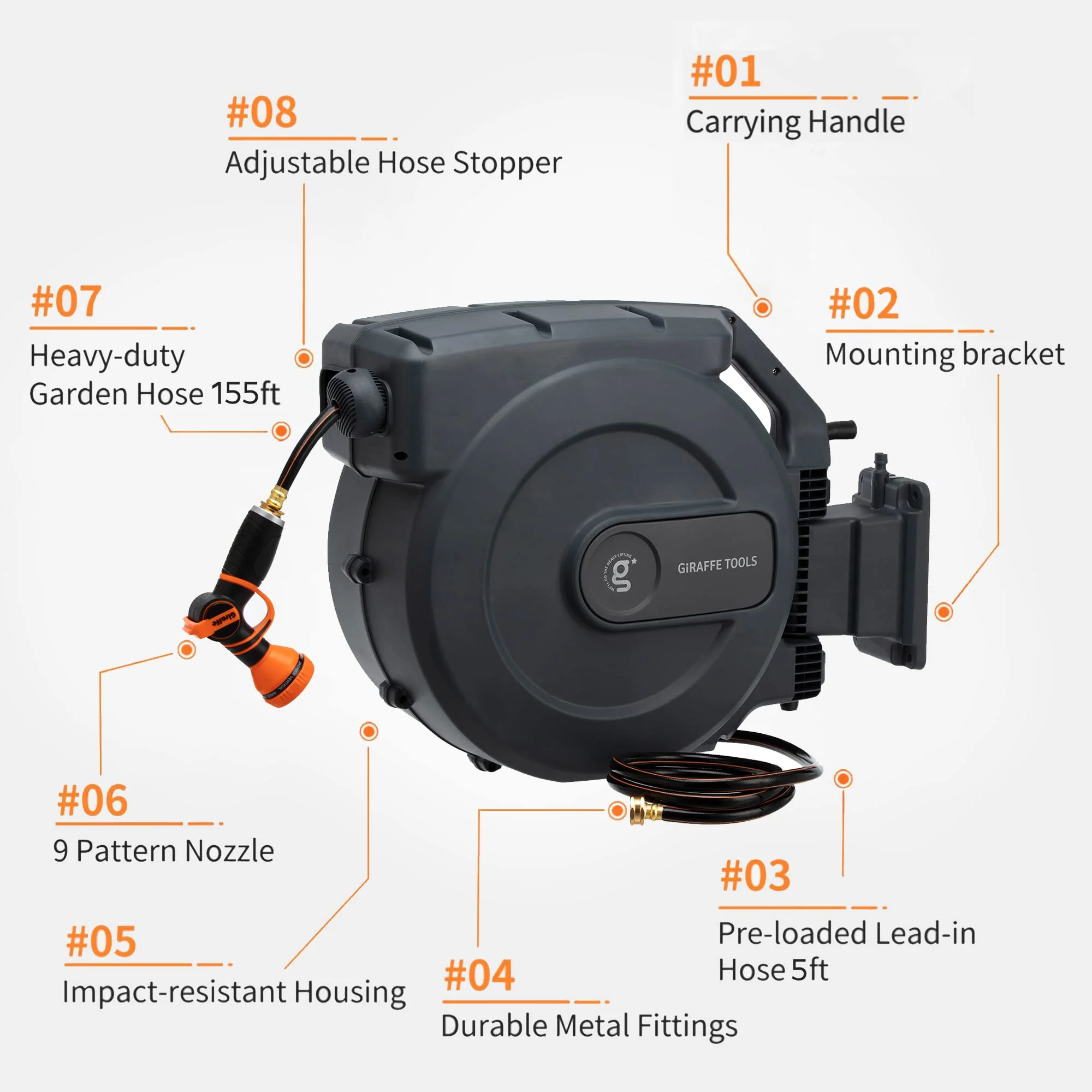 Giraffe Tools Retractable Garden Hose Reel with 1/2in-100ft Water Hose, Plastic Bracket, Wall Mounted, Dark Grey - Image 39