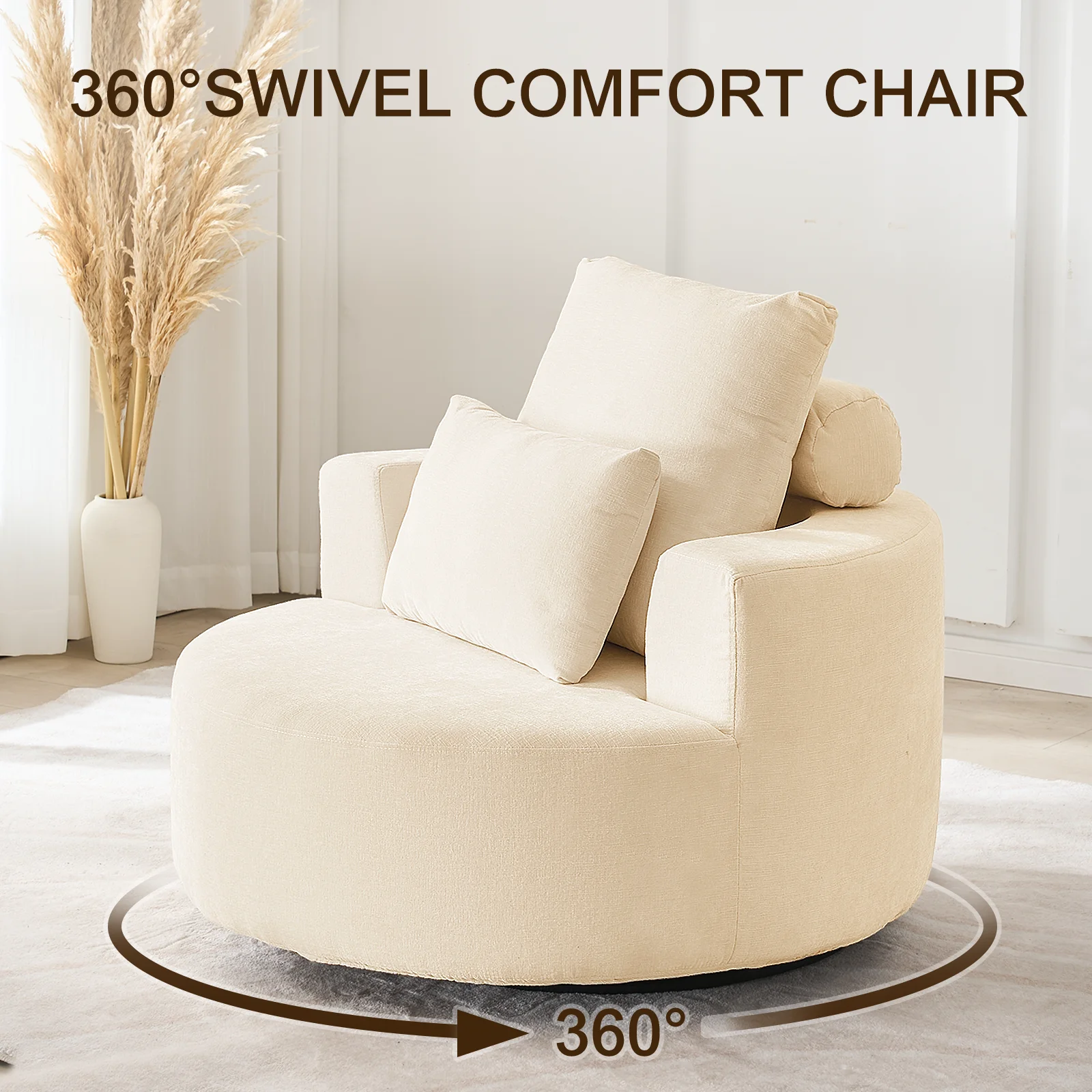 Fumahaus Upholstered Swivel Accent Chair, Oversized Comfy Round Sofa Chair with Two Pillows, Leisure Sofa Chair for Living Room Bedroom, Beige - Image 2