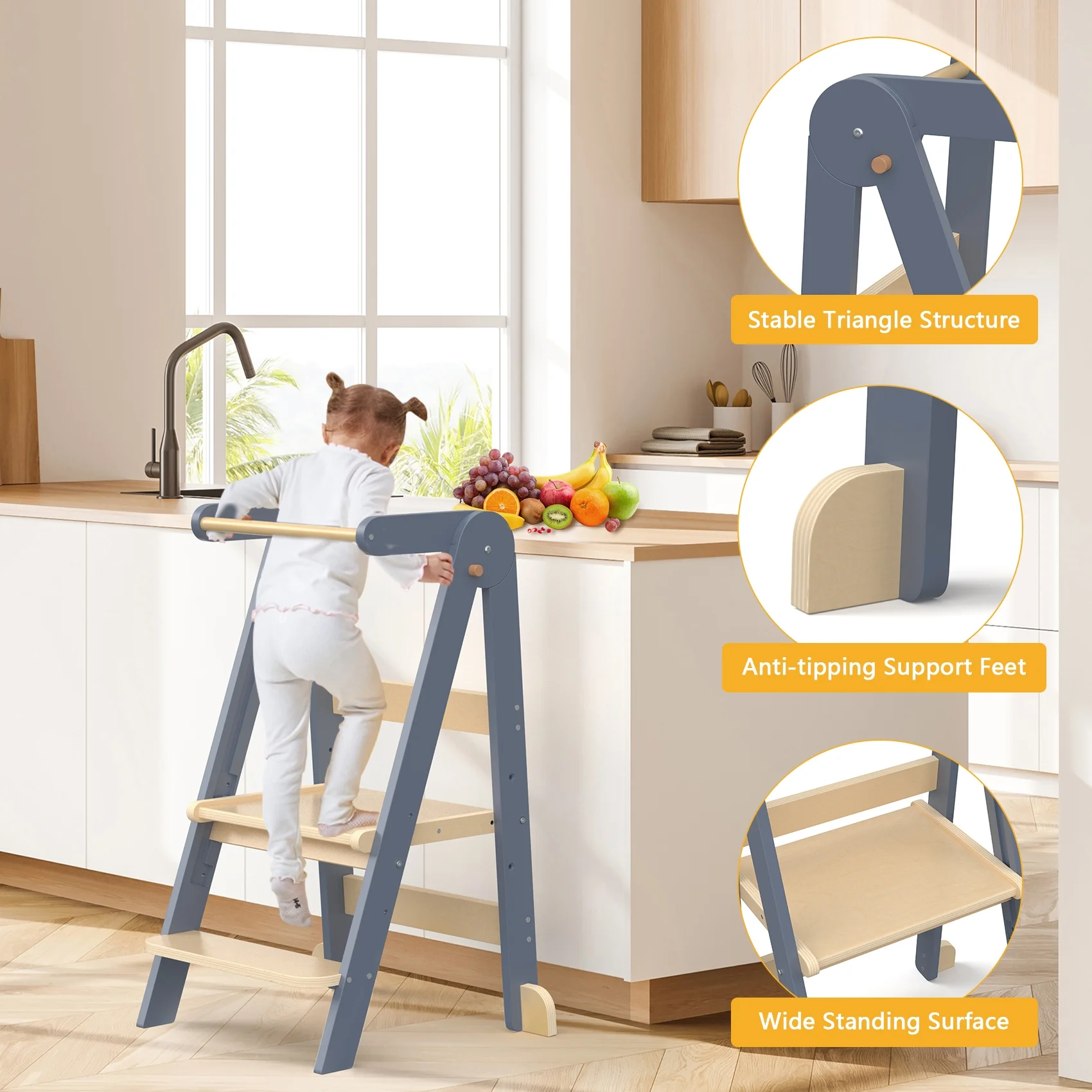 JOZ Kitchen Toddlers Step Stool, Montessori Kids Learning Stool, Foldable Toddler Tower for Counter, Standing Helper for Children, 3 Adjustable Heights, Wooden, White - Image 15
