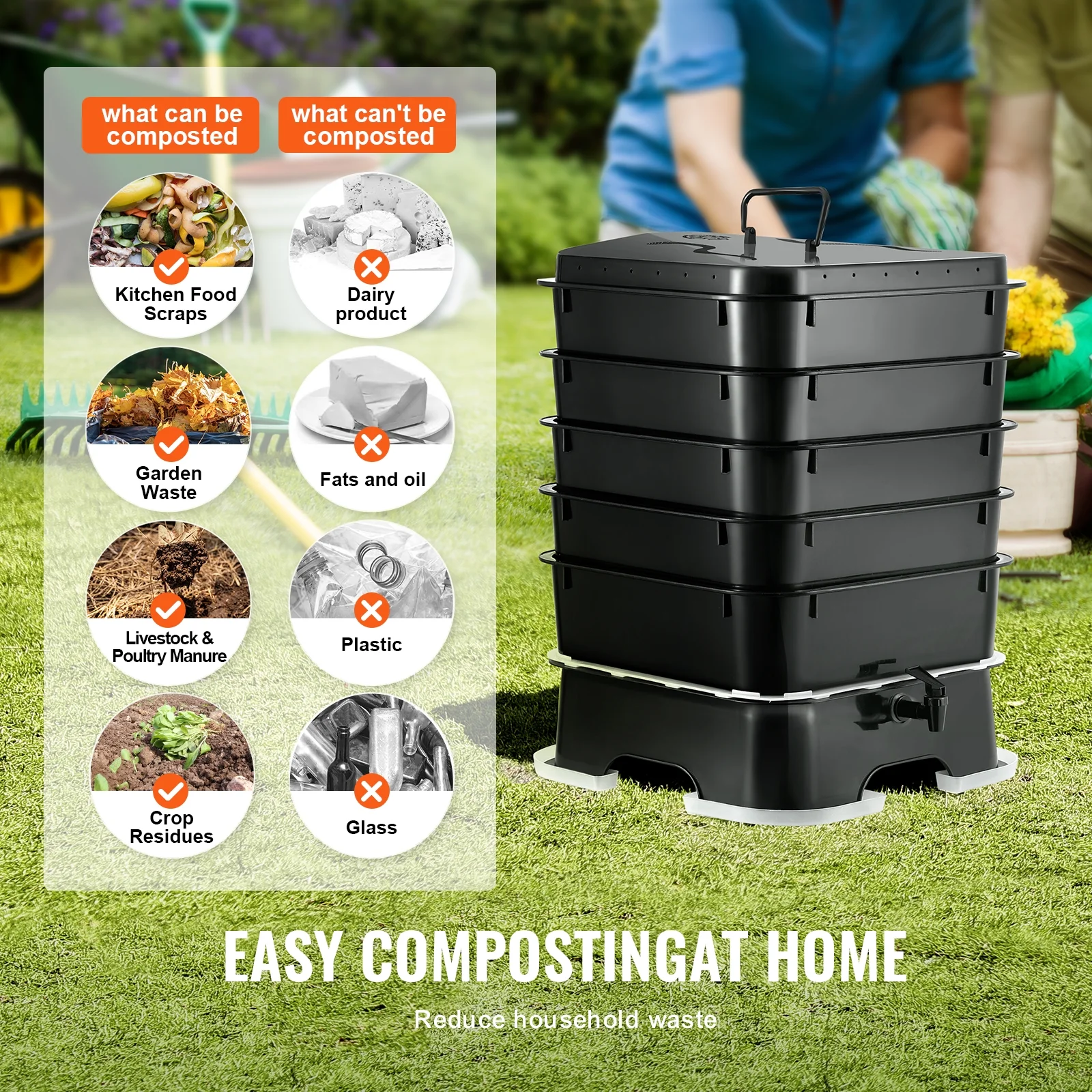 VEVOR 5-Tray Worm Composter, 50 L Worm Compost Bin Outdoor and Indoor, Sustainable Design Worm Farm Kit, for Recycling Food Waste, Worm Castings, Worm Tea, Vermiculture and Vermicomposting - Image 6