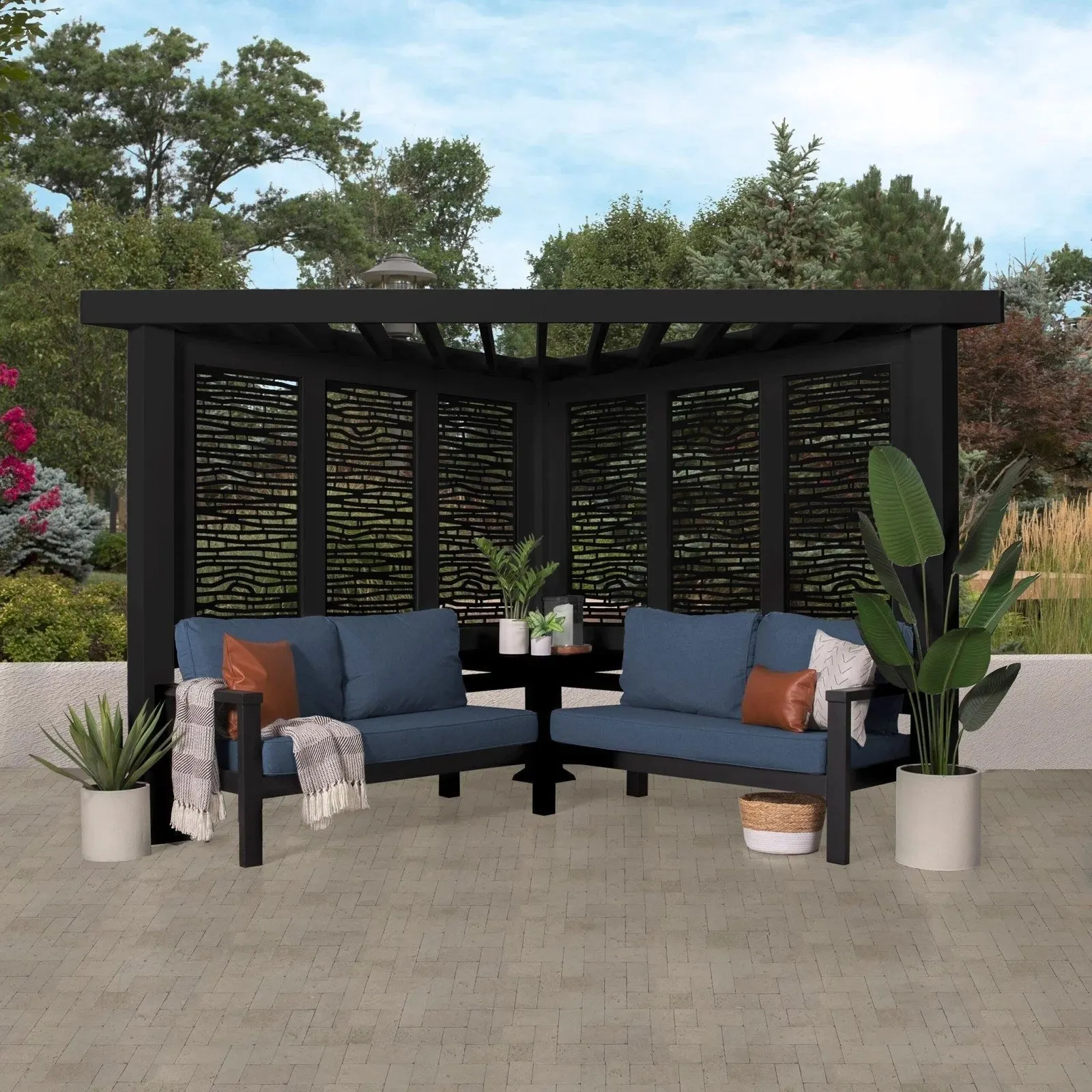 Glendale Modern Steel Cabana Pergola with Conversational Seating