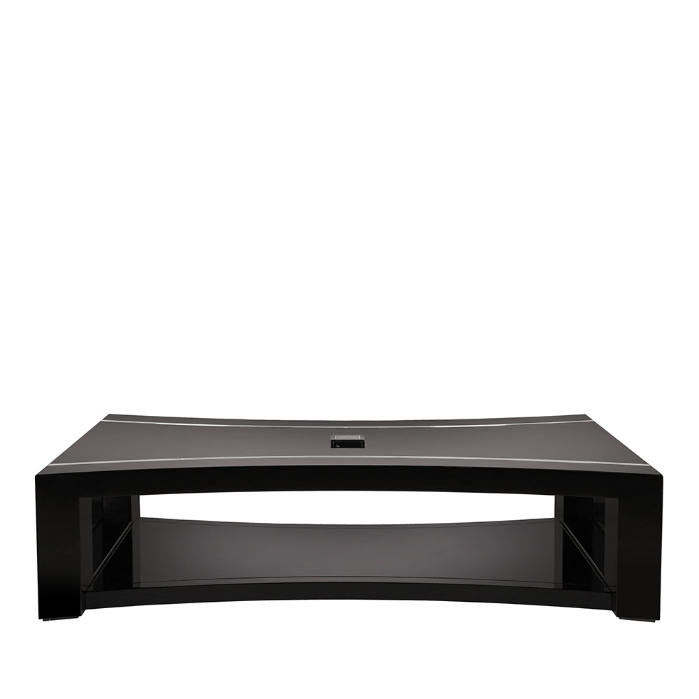 TABLE BASSE RAISINS INCURVÉE - CRISTAL INCOLORE, LAQUÉ NOIR, PLATEAU EN VERRE NOIR