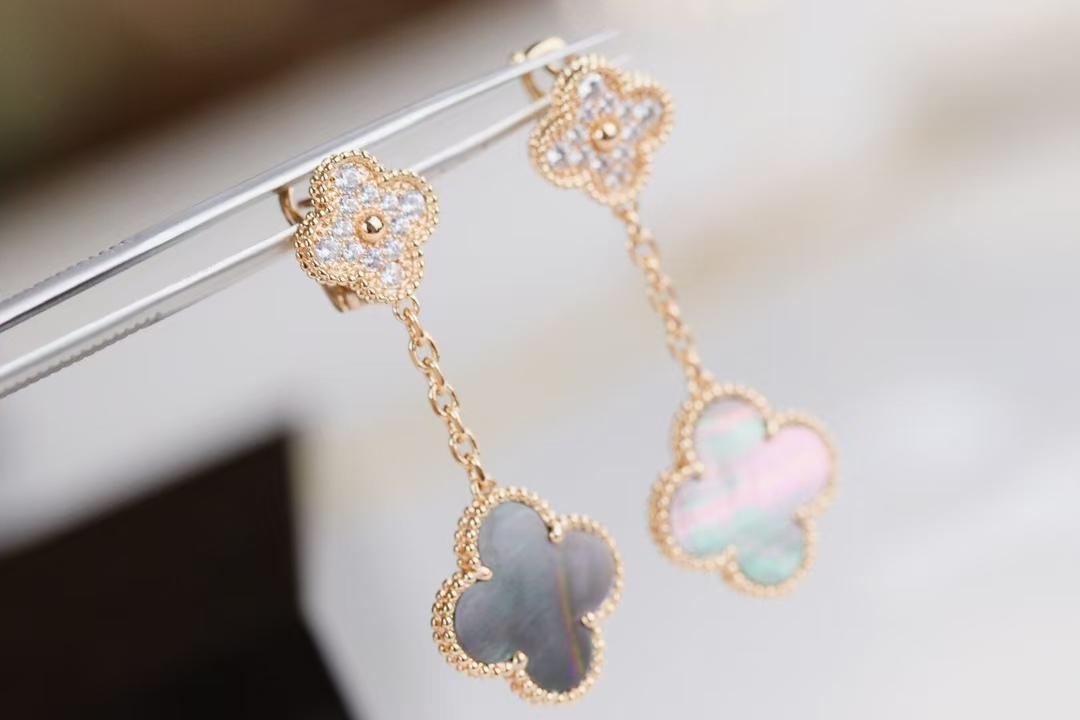VCA Grey Mother of Pearl Magic Alhambra Earrings 2 Motifs - Original Replica Club
