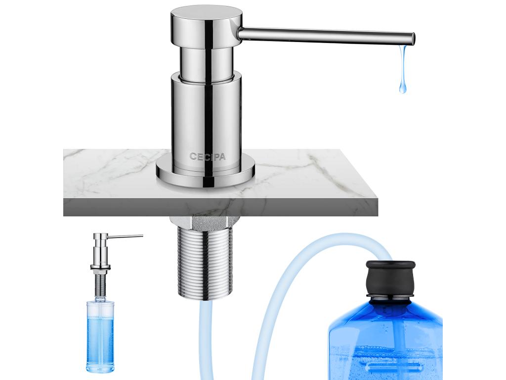 Dispensador de jabón de cocina Tucasago cromado, dispensador de jabón con contenedor de 300ML + manguera de extensión de silicona de 1,25 M, modelo UE