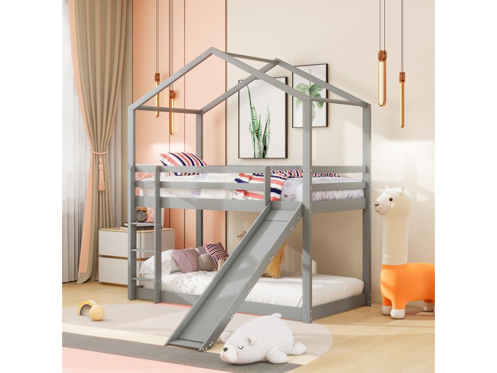 Cama infantil, litera baja con tobogán, estructura de litera de madera maciza con somier de láminas, 90 x 200 cm, gris