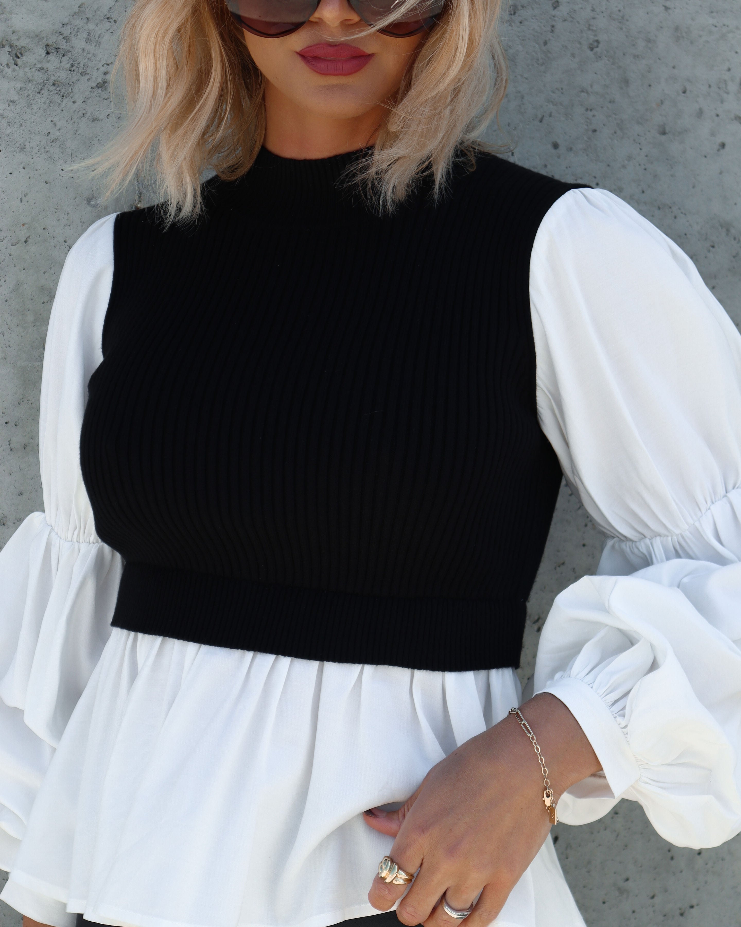 All The Best Contrast Knit Puff Sleeve Top - Black - Se7enfashion