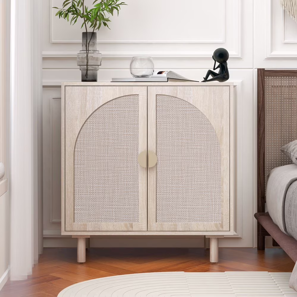 Tcbosik Rattan Storage Cabinet, Boho Sideboard Buffet Cabinet, Accent Cabinet with 2 Doors and Adjustable Shelves, Living Room, Kitchen, Dining Room, Hallyway, Black