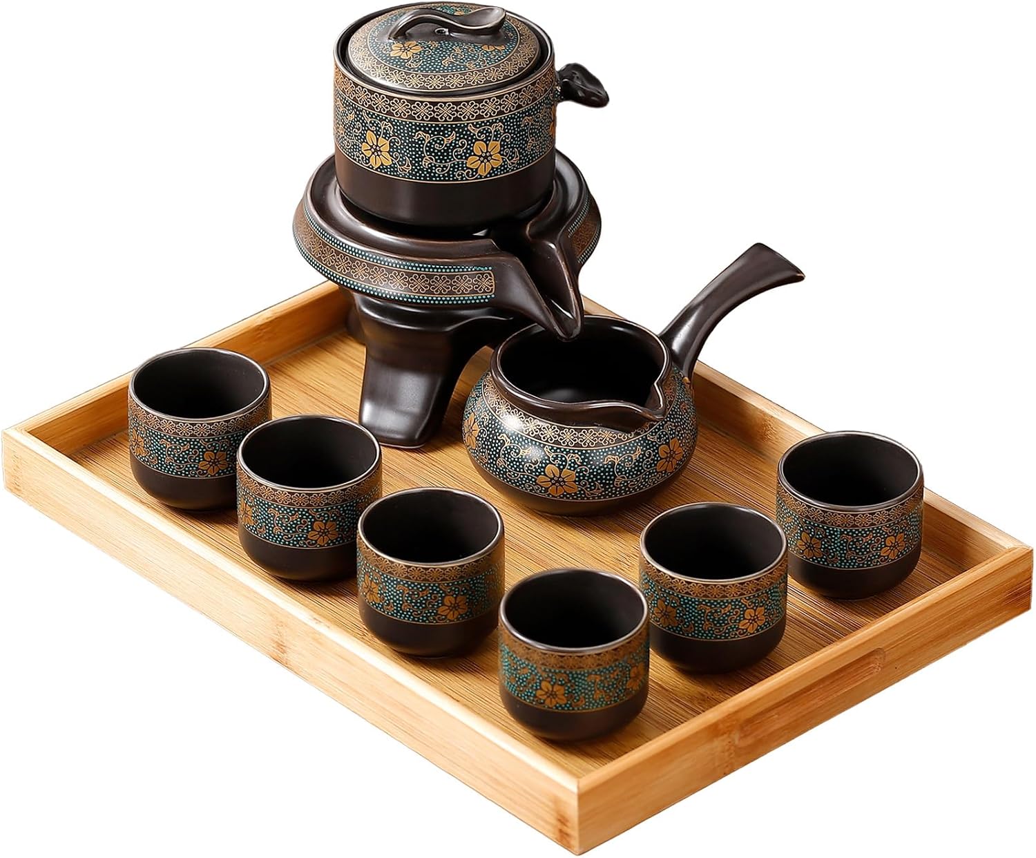 Traditional Japanese tea set, Kiln altered glaze Porcelain tea set with 1 Teapot, 6 Tea cups, 1 Tea Tray,Japanese teapot set, Asian tea sets (Kiln altered-Green)