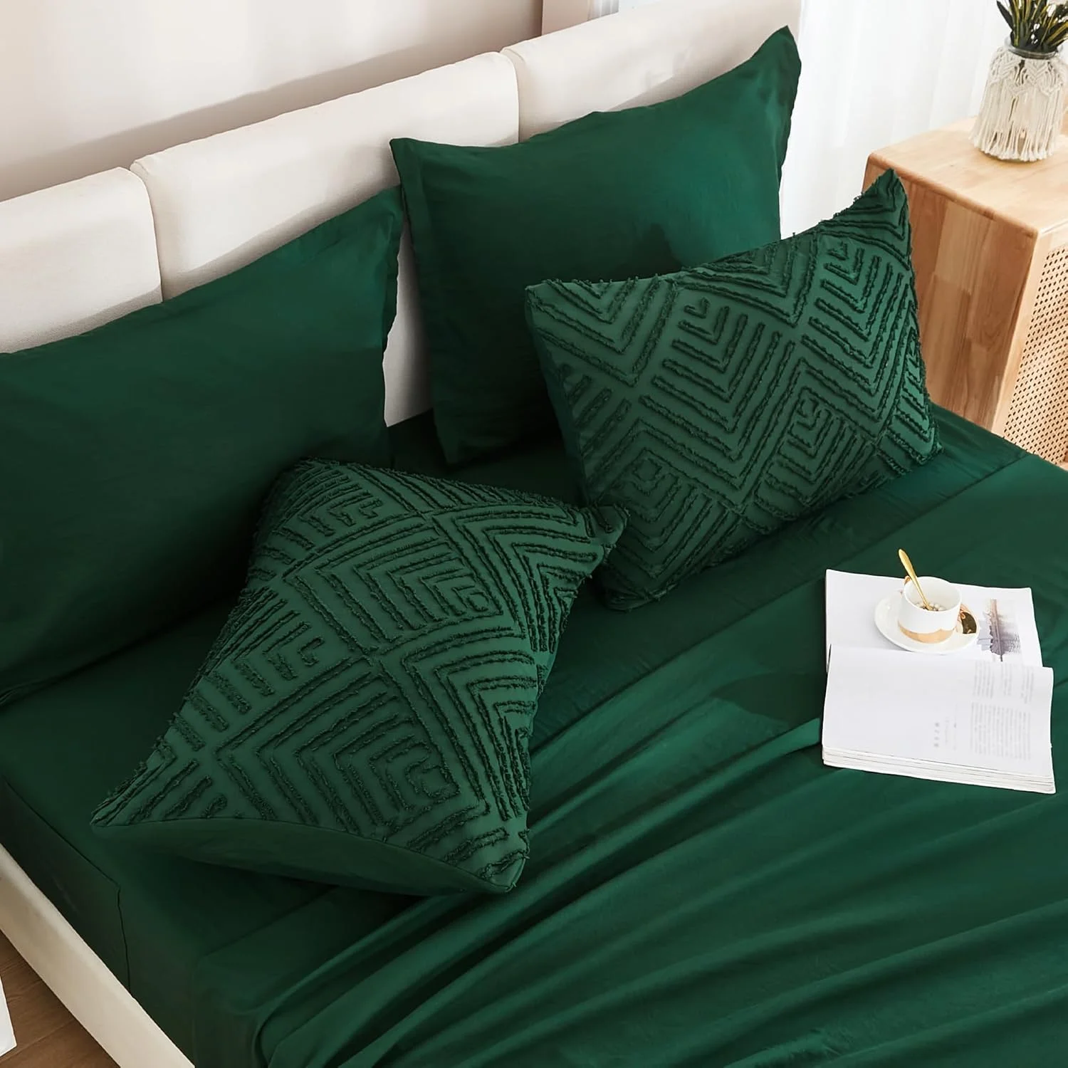 Queen Comforter Set 7 Piece Dark Emerald Green - Bed in a Bag Queen Boho Lightweight Fluffy Tufted Bedding Sets with Comforter, Sheets, Pillowcases & Shams - Image 11
