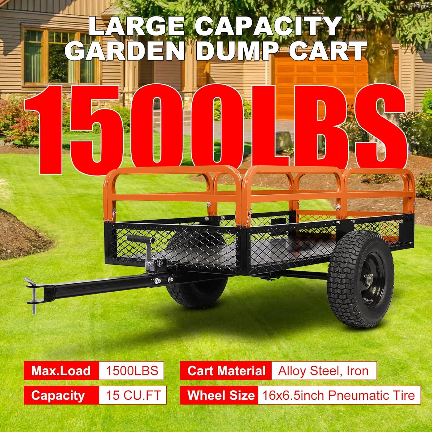 Heavy Duty Steel ATV Trailer,1600 Lbs Dump Cart, 15 Cubic Feet, Removable Sides, for Riding Lawn Mower Tractor - Image 8