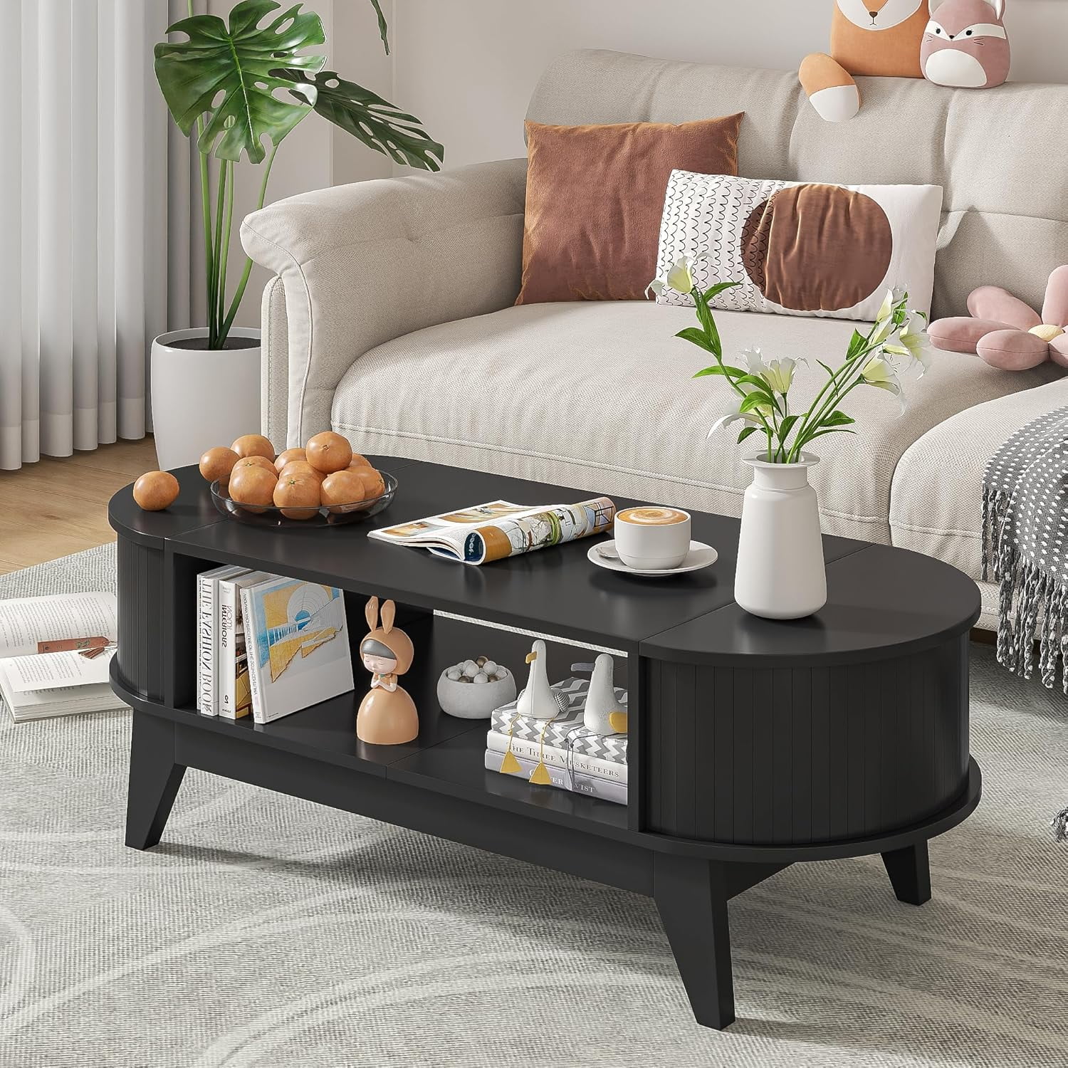 Fluted Coffee Table with Storage, Modern Coffee Tables, Wood Accent Center Table - Image 13