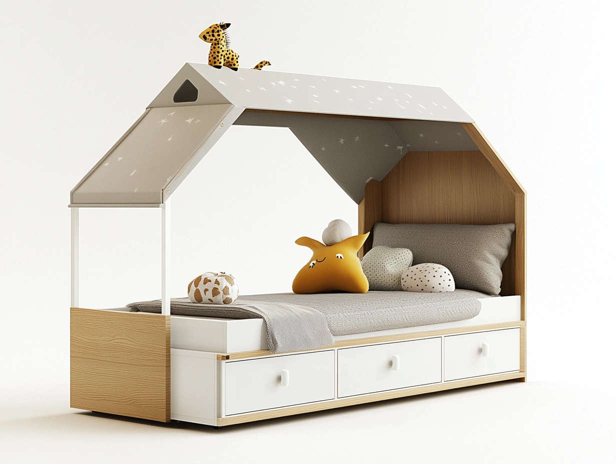 Cama infantil casita con tejado textil y cajones de almacenamiento