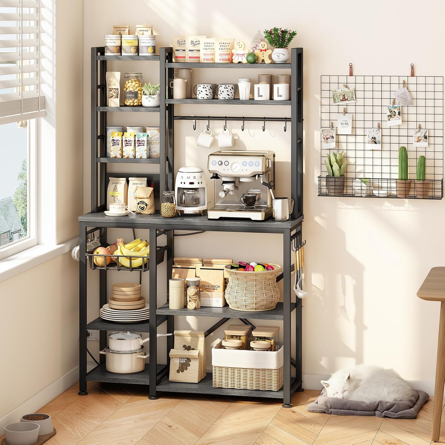SNTD Baker Rack with Power Outlet - Microwave Stand with Storage, Large Coffee Bar Station with 14 Hooks, Metal Kitchen Shelf Rack for Spices, Pots (Rustic Grey)