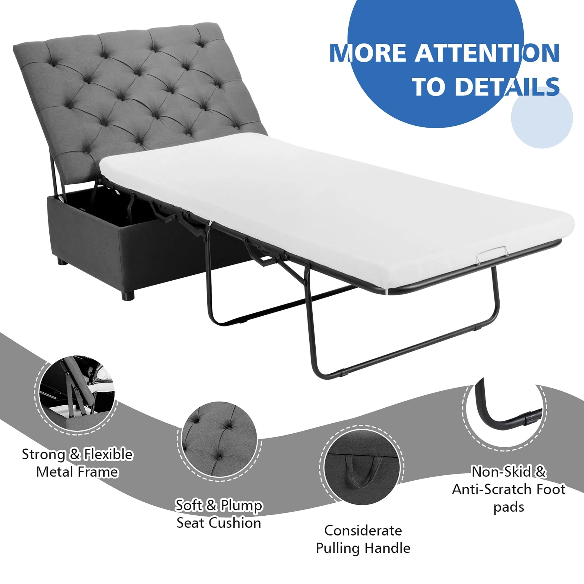 Costway Folding Ottoman Sleeper Bed with Mattress Convertible Guest Bed Grey - Image 9