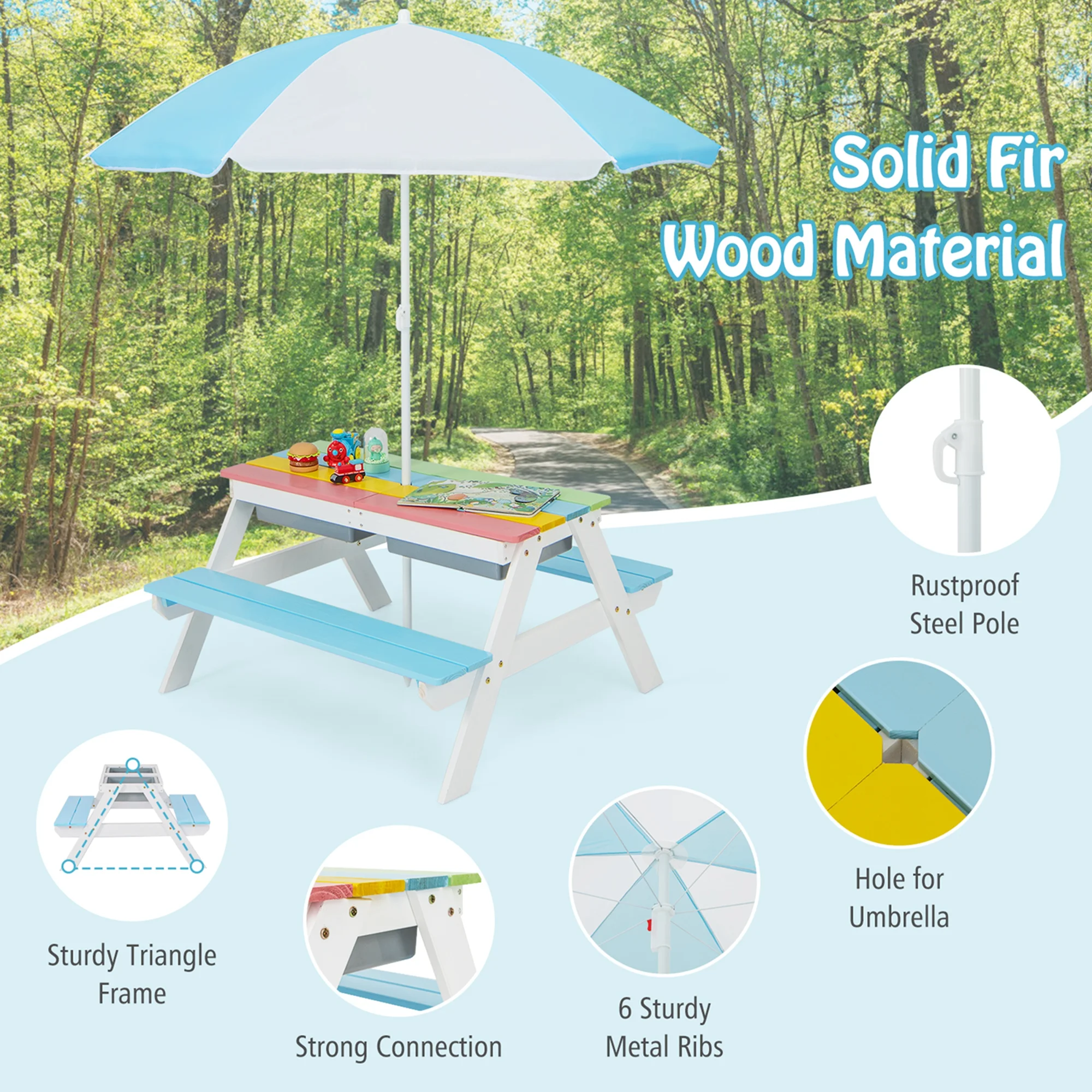 Costway 3-in-1 Kids Picnic Table Wooden Outdoor Sand & Water Table with Umbrella Play Boxes Green - Image 21