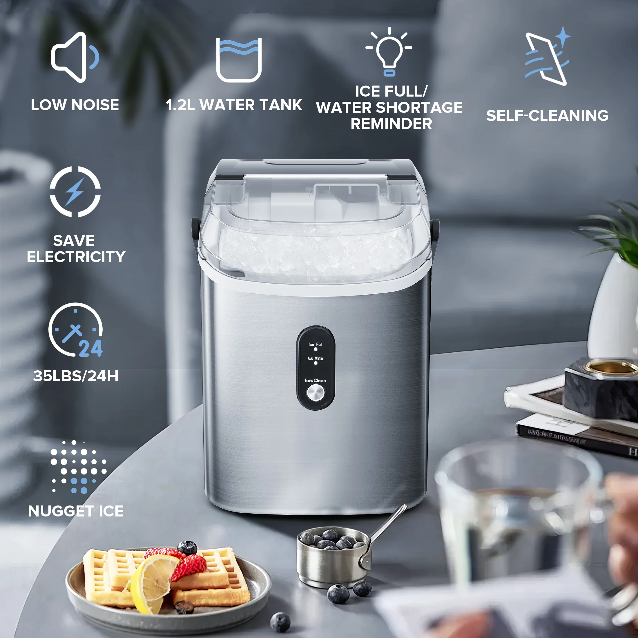 Auseo Nugget Ice Maker Countertop, Ready in 6 Mins ,35Lbs Each day with Self-Cleaning,Portable Sonic Ice Machine for Home/Office/Bar, Black - Image 16