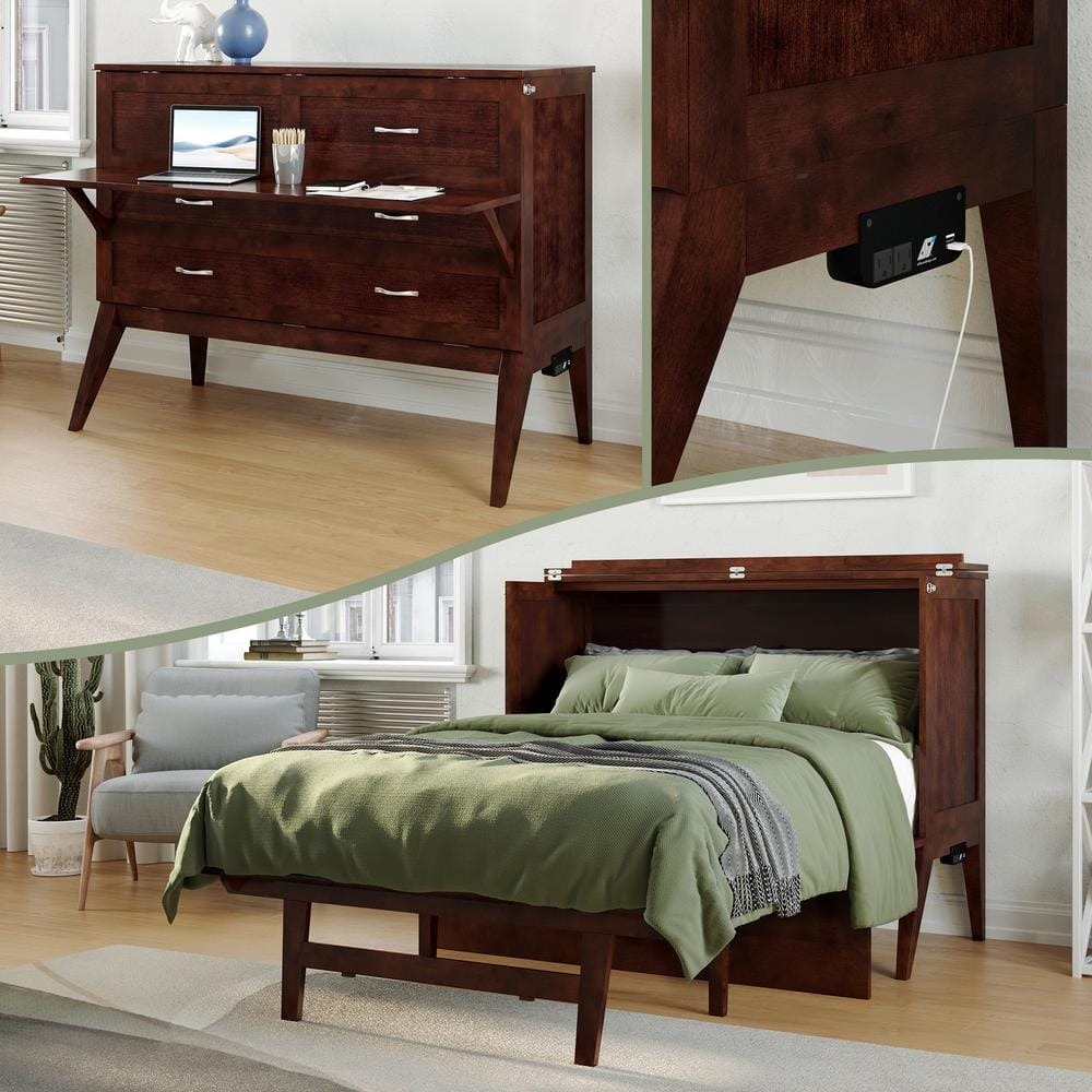 WAYFAIR Northampton Walnut Solid Wood Frame Full Size Murphy Bed Desk With Mattress