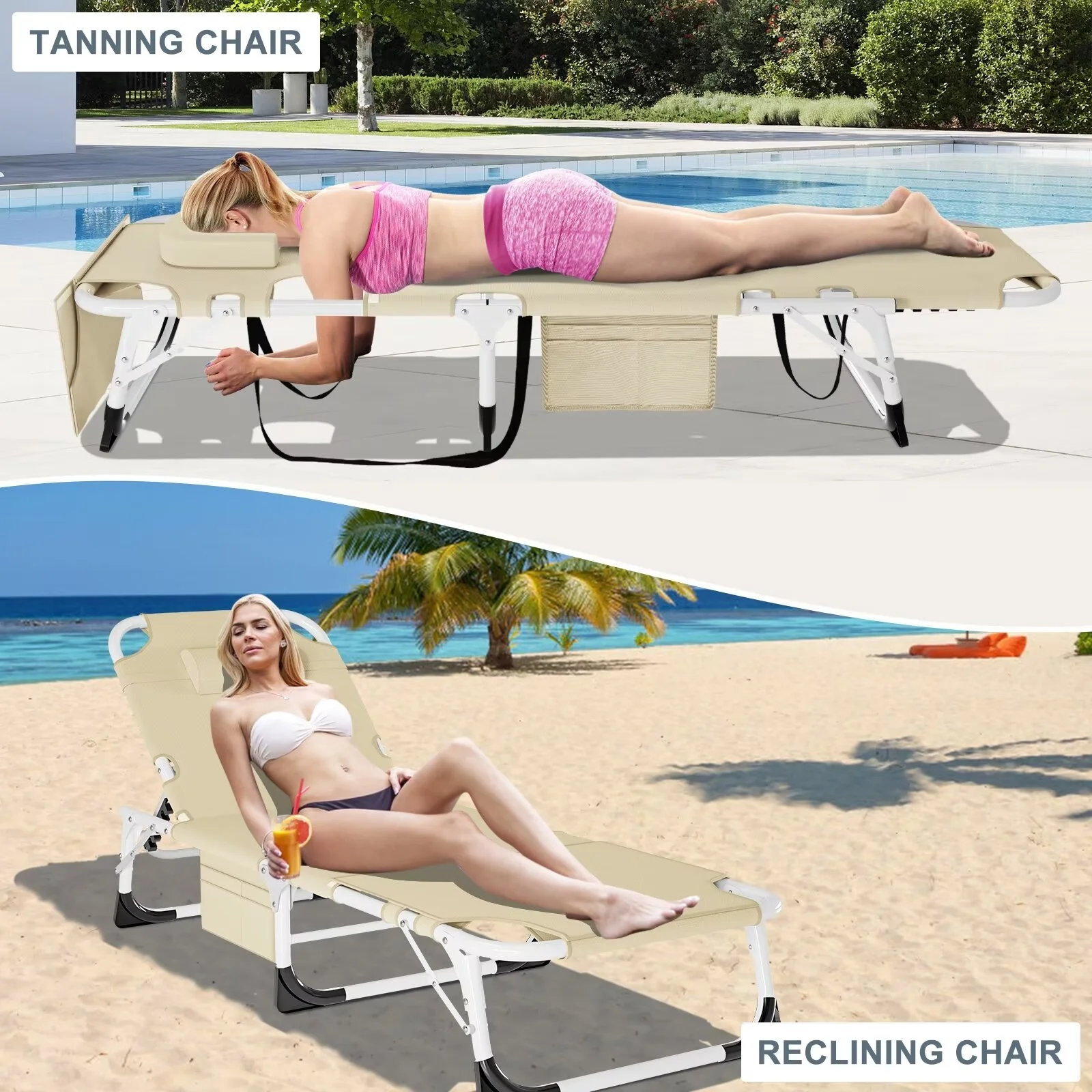 MOPHOTO Lounge Chair with Mattress, Outdoor Chaise Lounge Support 440 Lbs, Adjustable Portable Heavy Duty Sleeping Cots Bed for Camping, Pool, Beach, Patio - Image 37